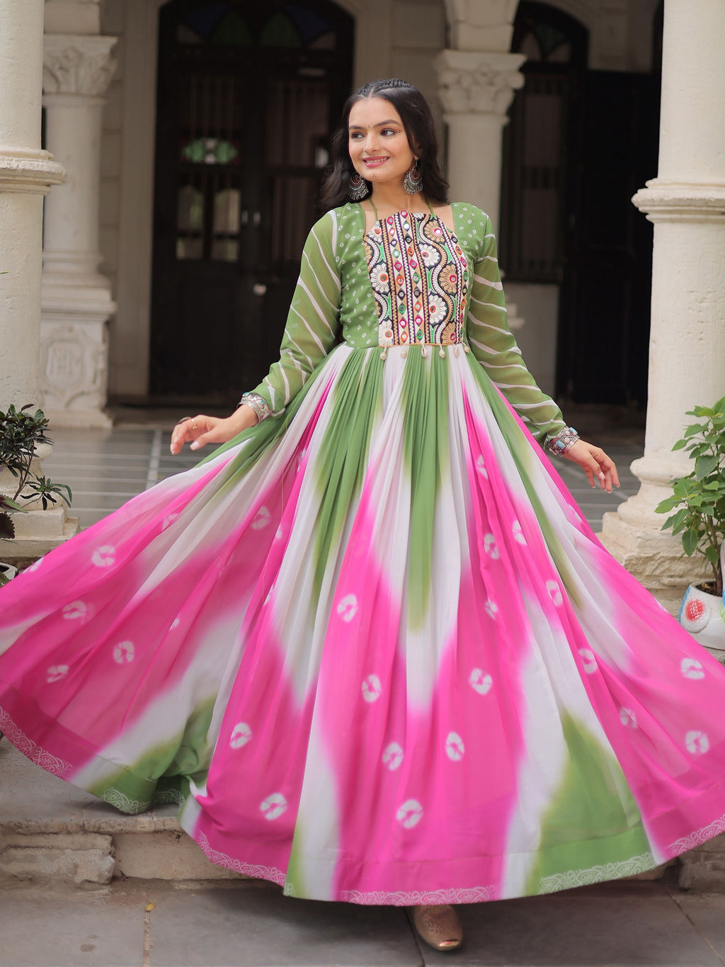 Green Georgette Bandhej Print Gamthi Embroidery Mirror Work Gown