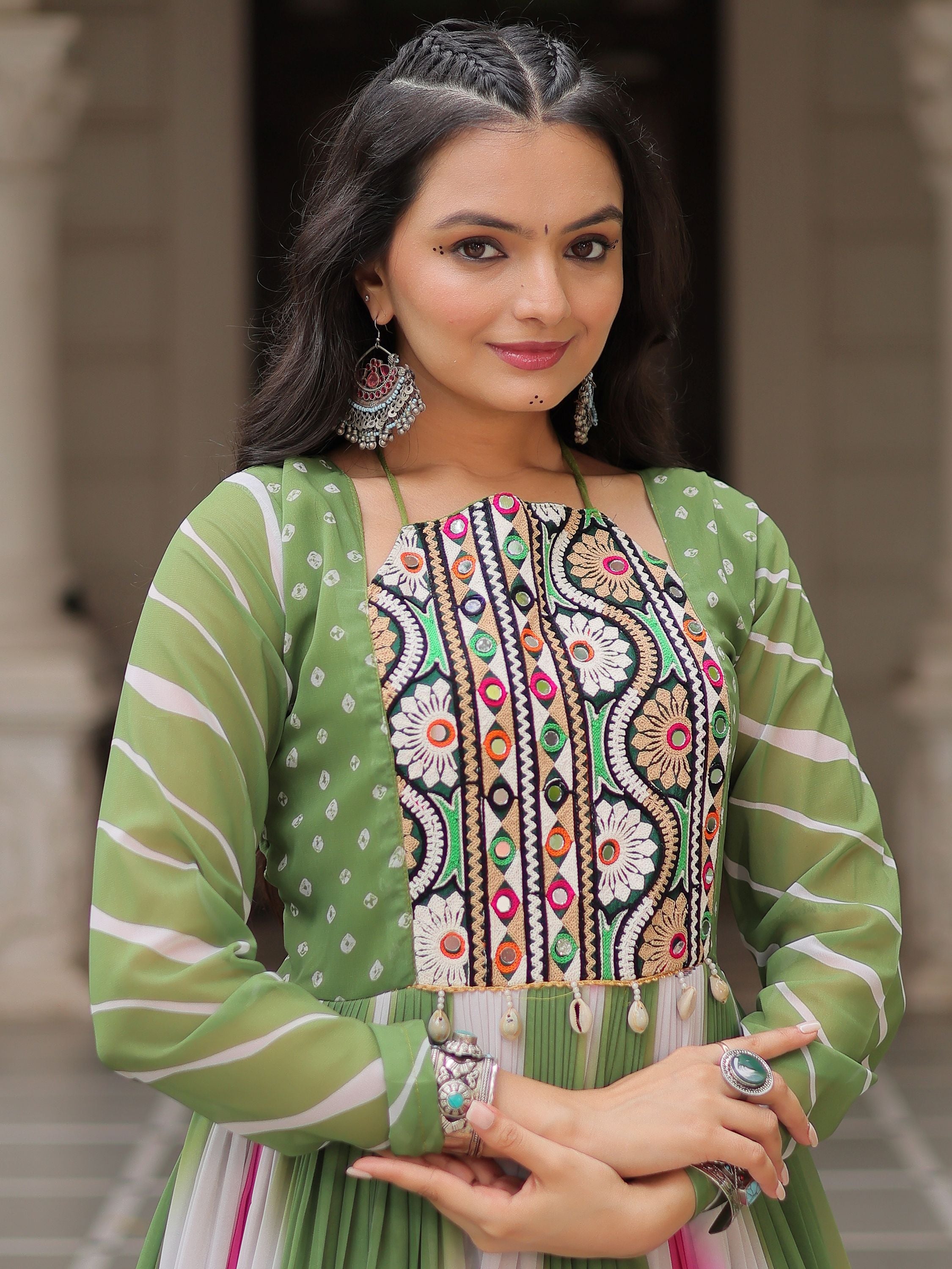 Green Georgette Bandhej Print Gamthi Embroidery Mirror Work Gown