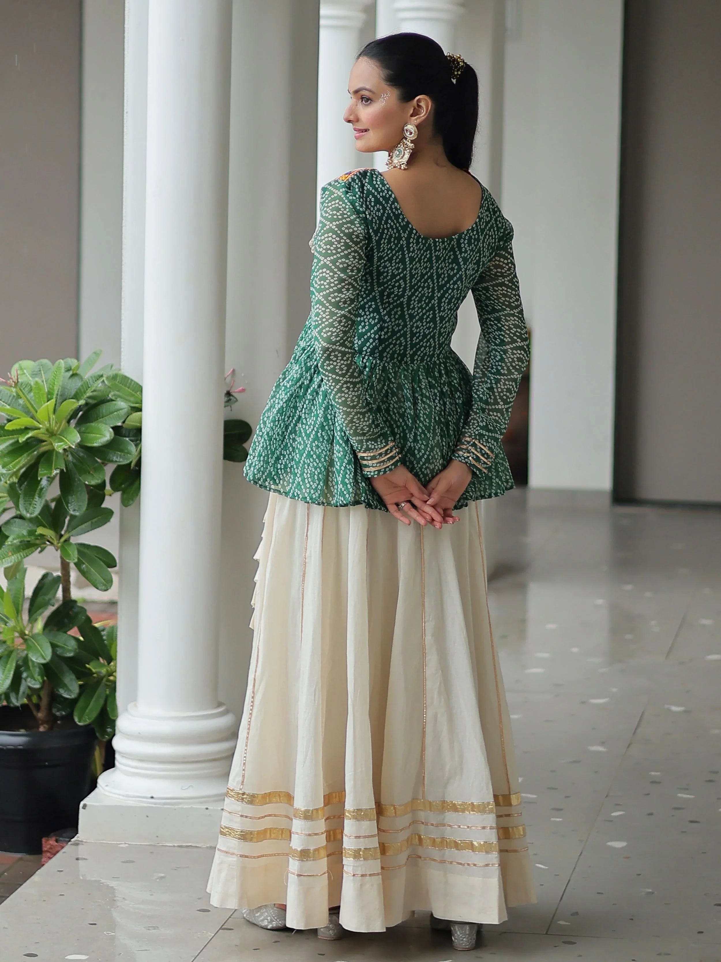 Green Kora Cotton Bandhani Print Top with Gota Patti Lehenga for Navratri