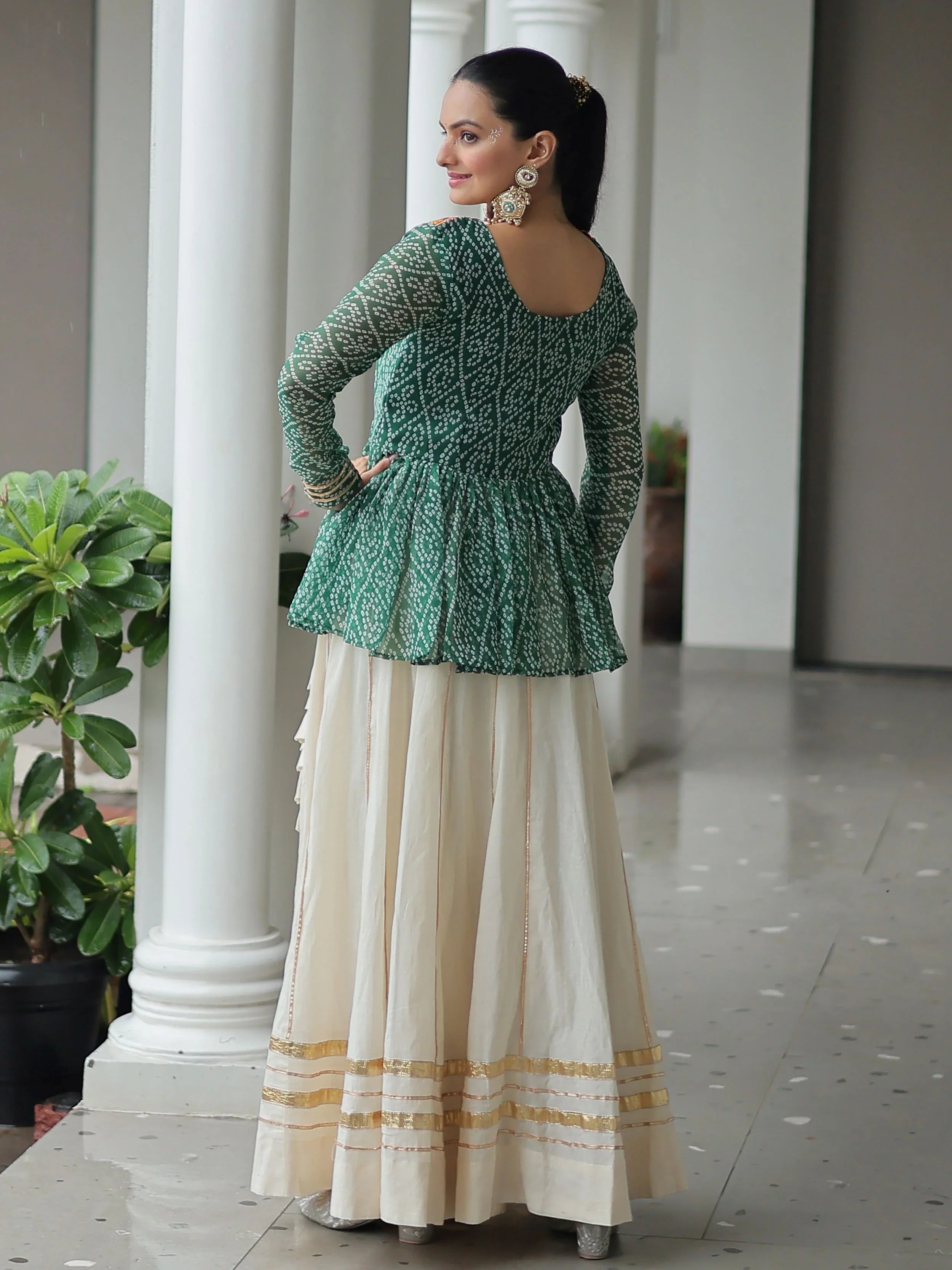 Green Kora Cotton Bandhani Print Top with Gota Patti Lehenga for Navratri