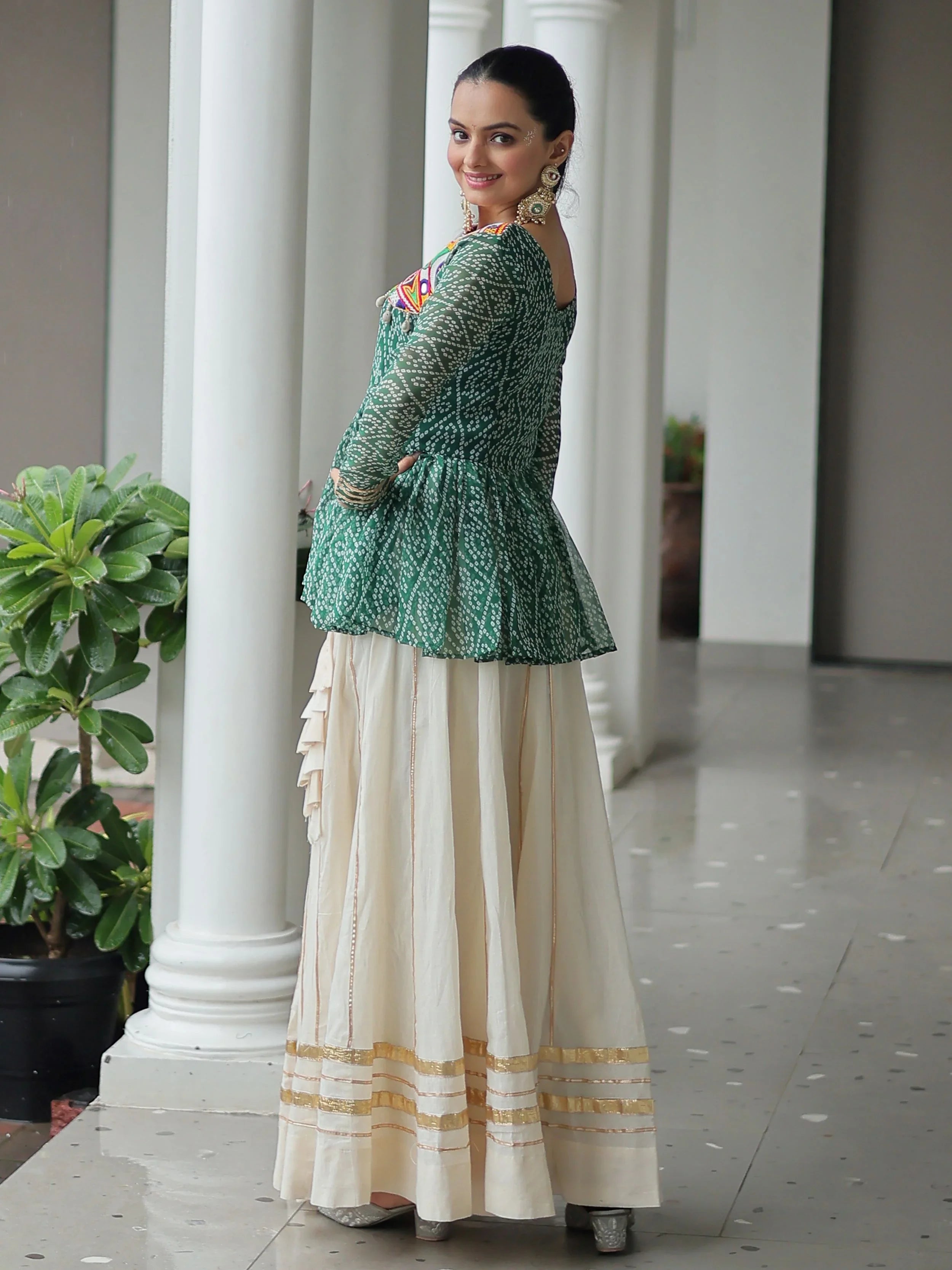 Green Kora Cotton Bandhani Print Top with Gota Patti Lehenga for Navratri