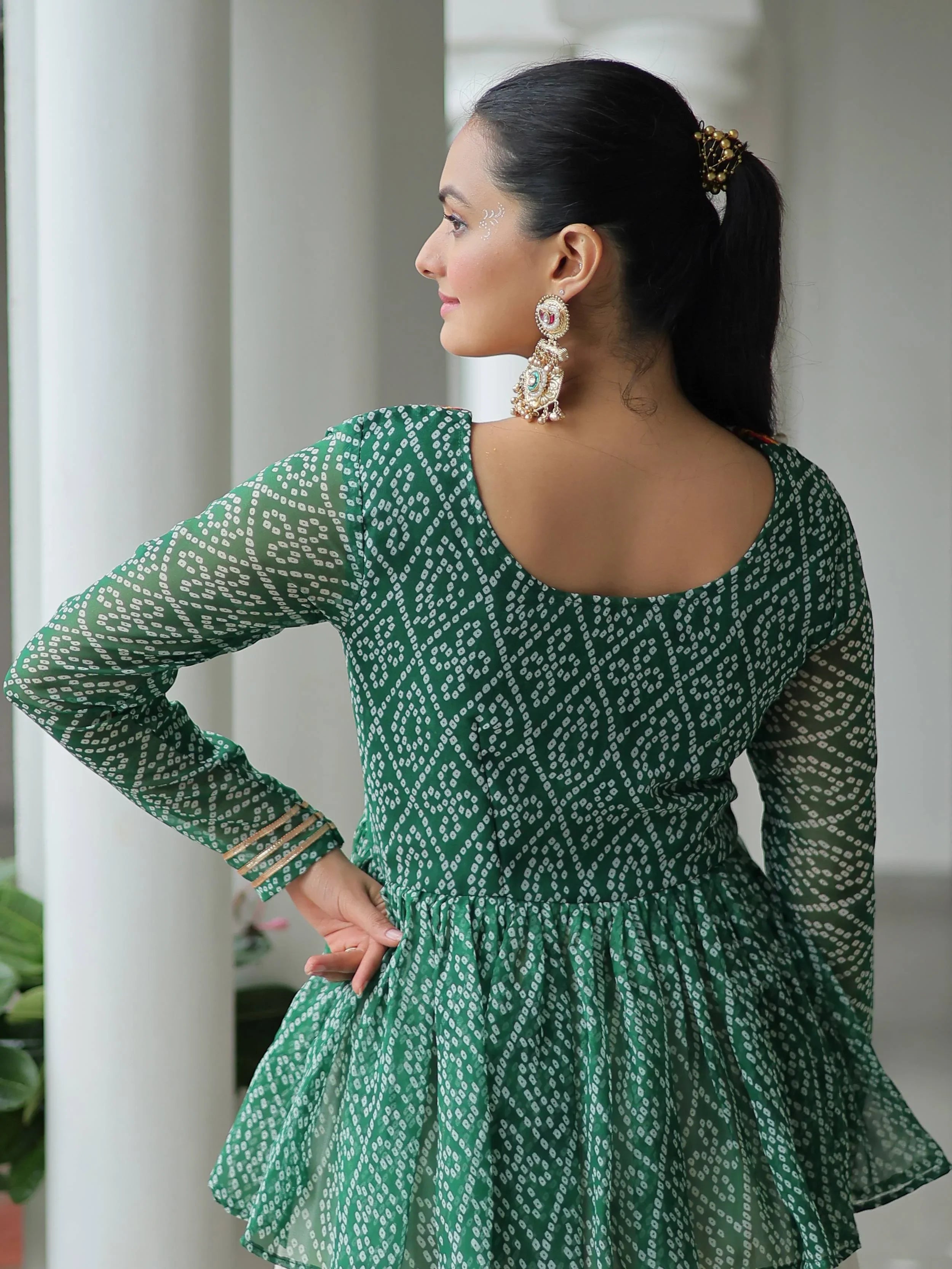 Green Kora Cotton Bandhani Print Top with Gota Patti Lehenga for Navratri