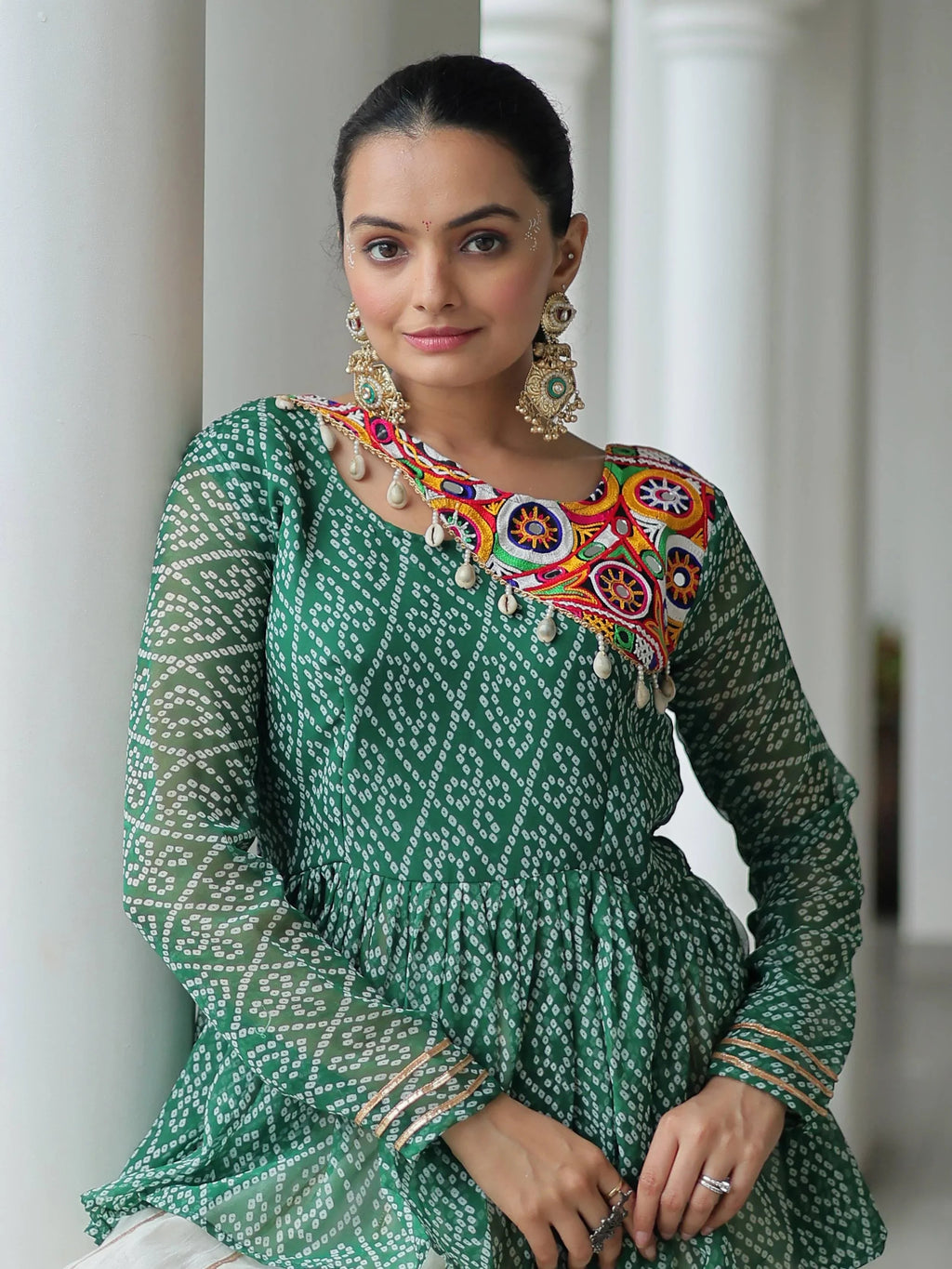 Green Kora Cotton Bandhani Print Top with Gota Patti Lehenga for Navratri