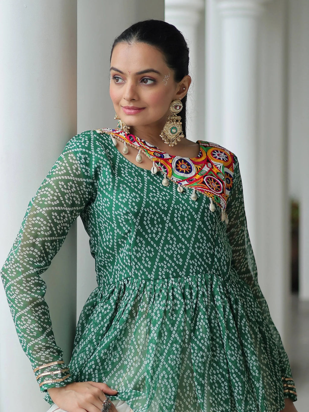 Green Kora Cotton Bandhani Print Top with Gota Patti Lehenga for Navratri