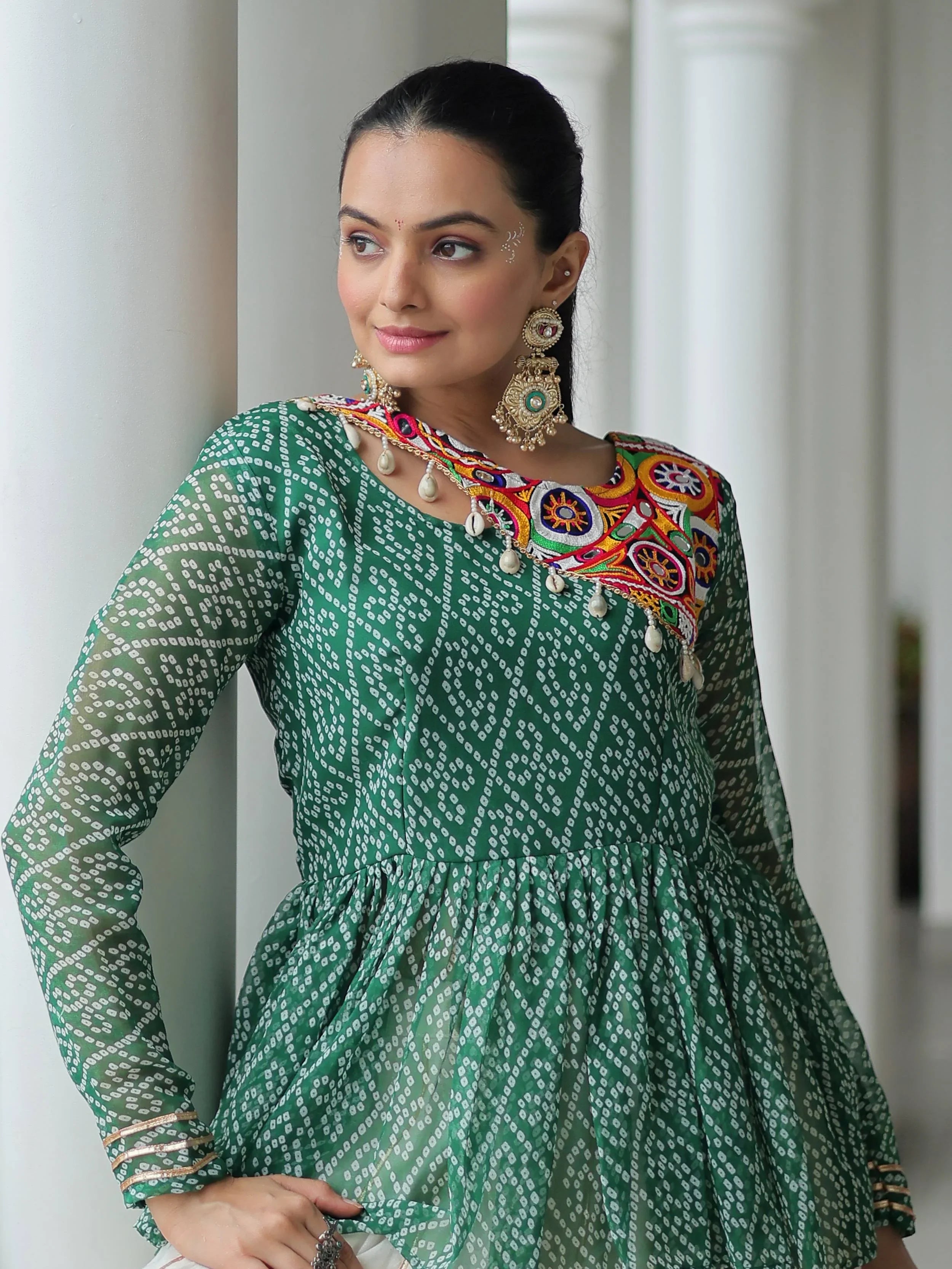 Green Kora Cotton Bandhani Print Top with Gota Patti Lehenga for Navratri