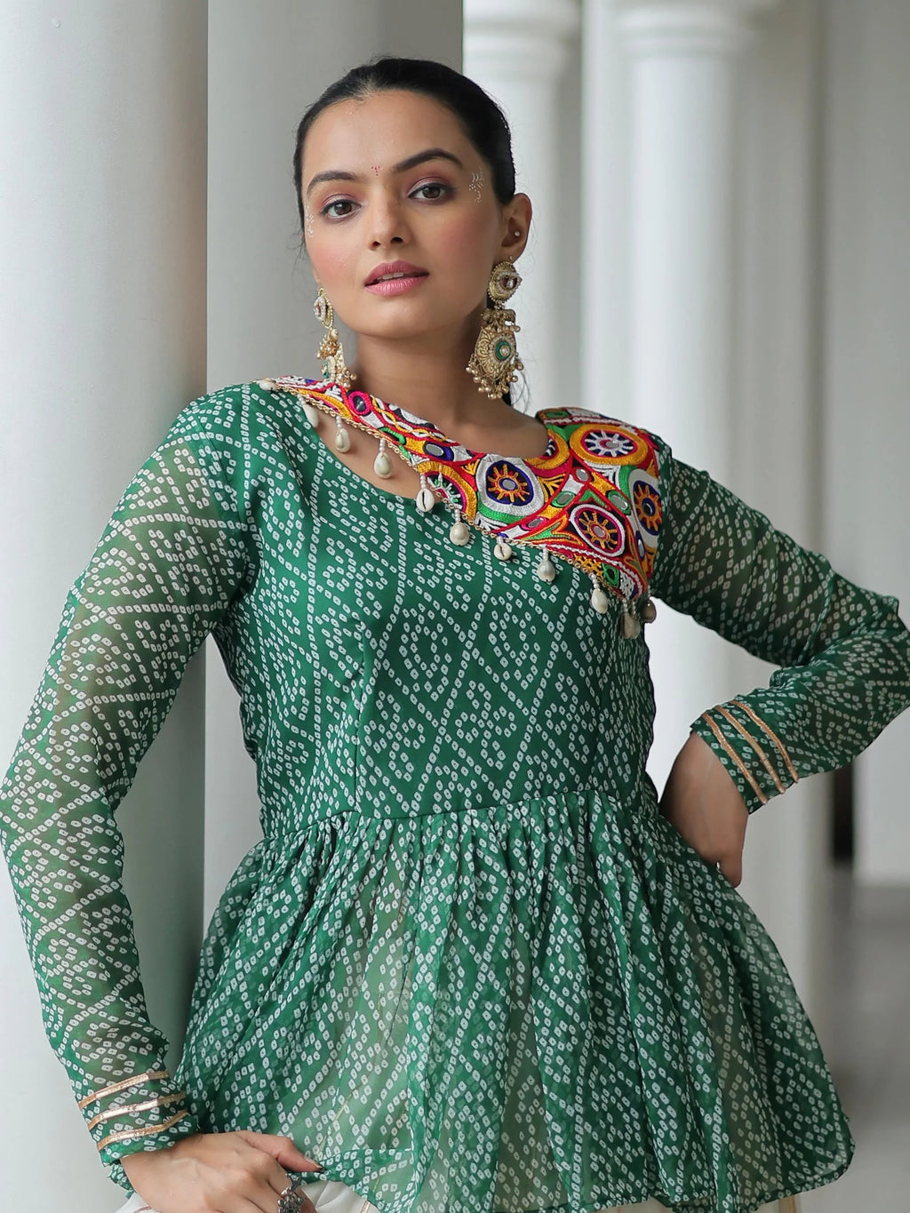 Green Kora Cotton Bandhani Print Top with Gota Patti Lehenga for Navratri