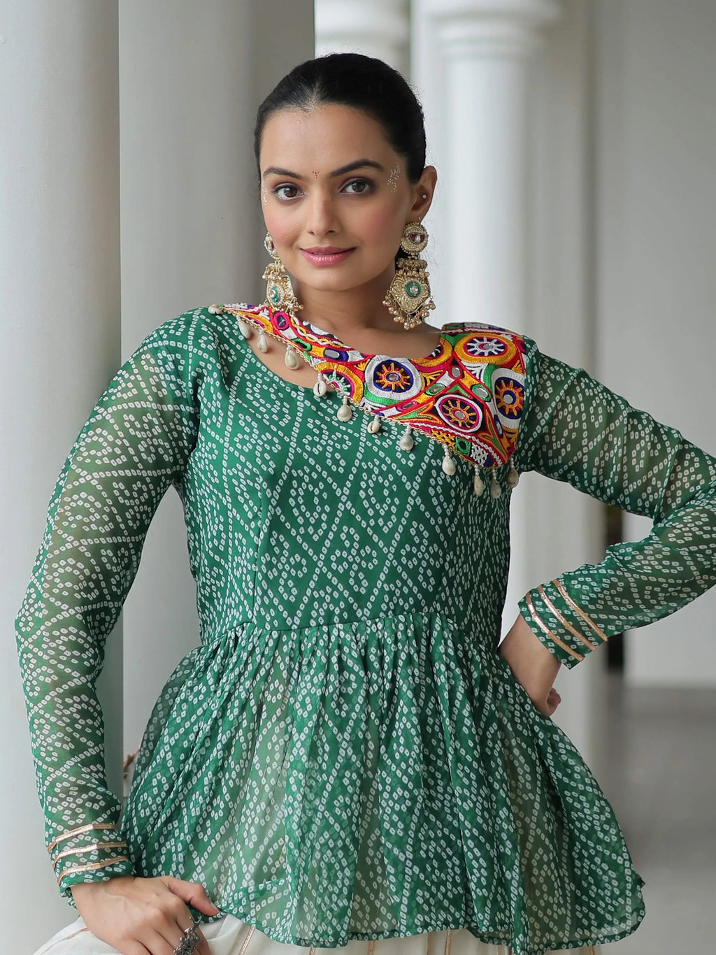 Green Kora Cotton Bandhani Print Top with Gota Patti Lehenga for Navratri