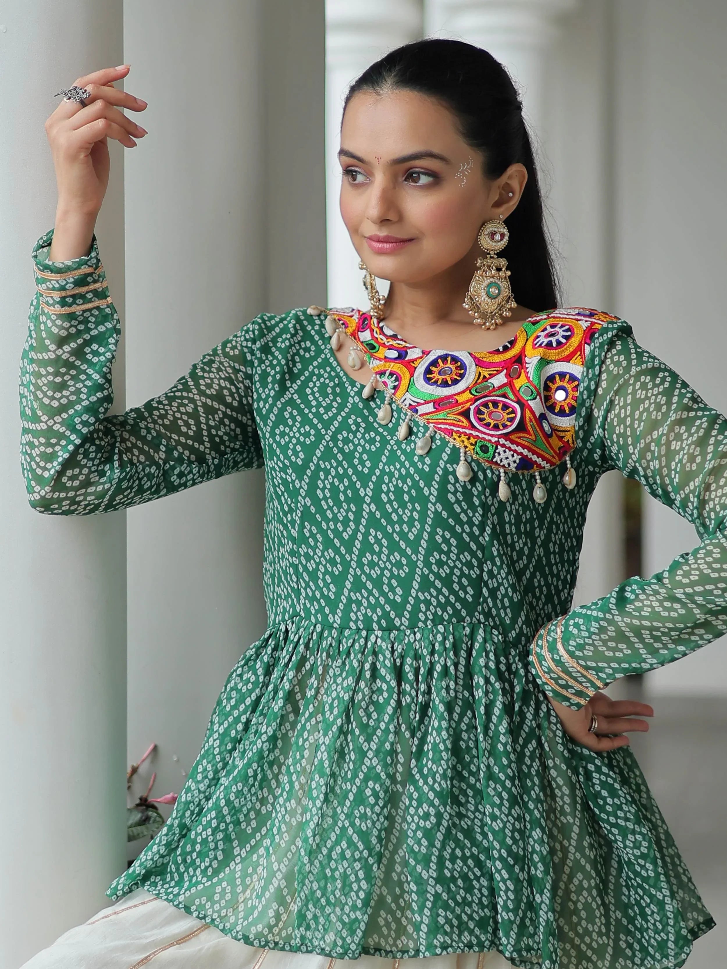 Green Kora Cotton Bandhani Print Top with Gota Patti Lehenga for Navratri