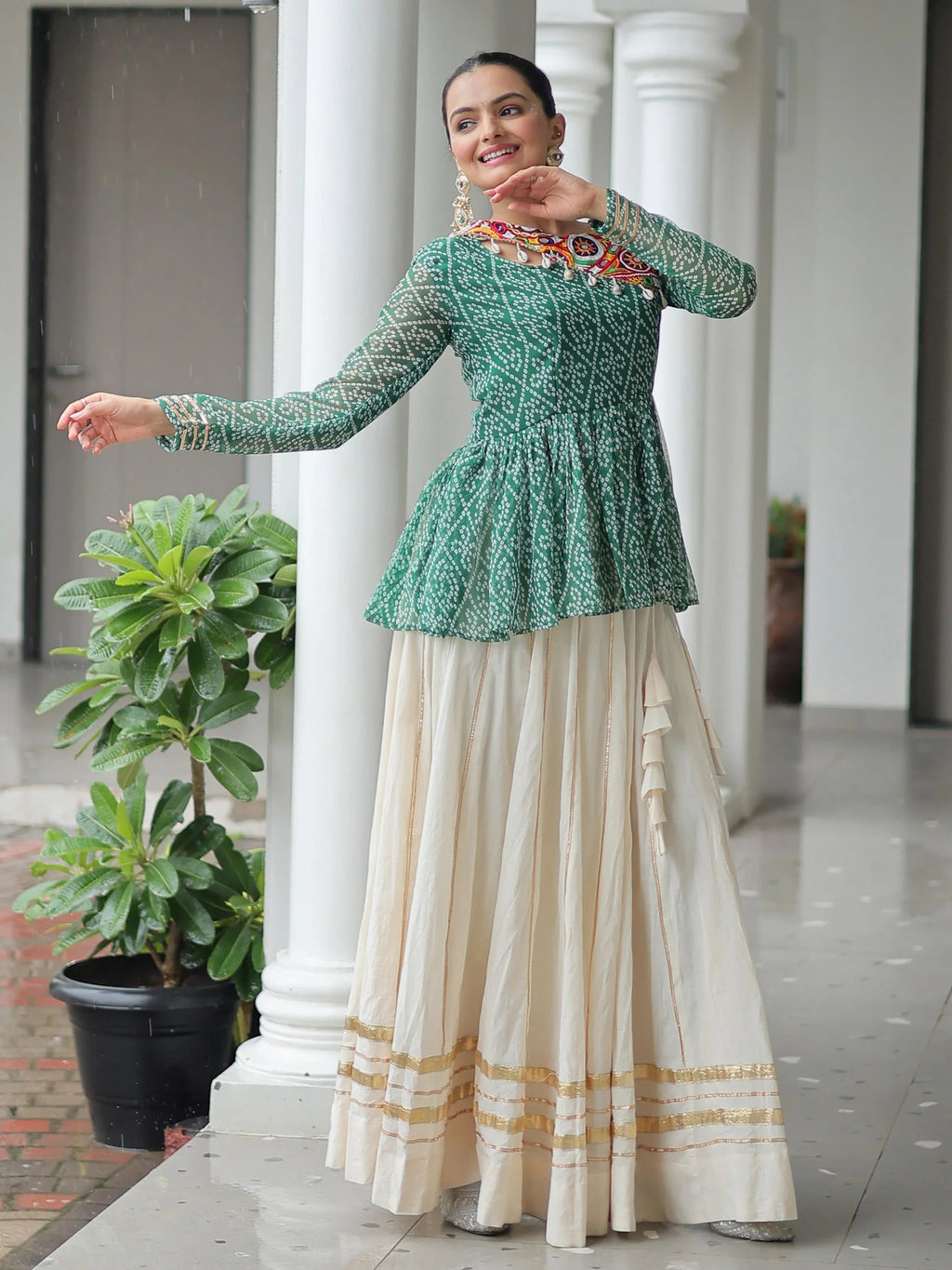 Green Kora Cotton Bandhani Print Top with Gota Patti Lehenga for Navratri