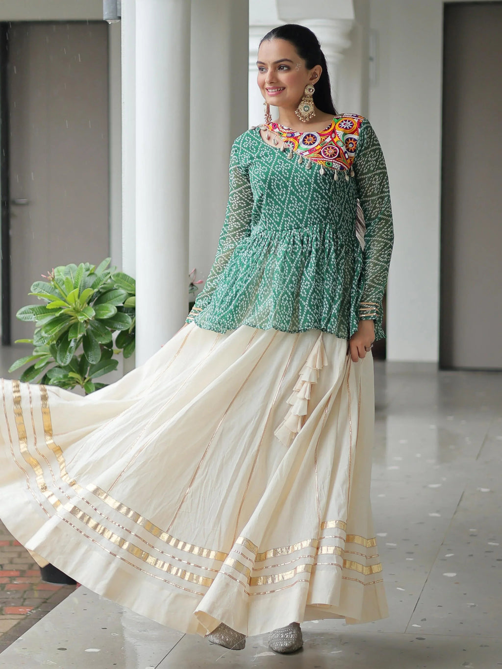 Green Kora Cotton Bandhani Print Top with Gota Patti Lehenga for Navratri