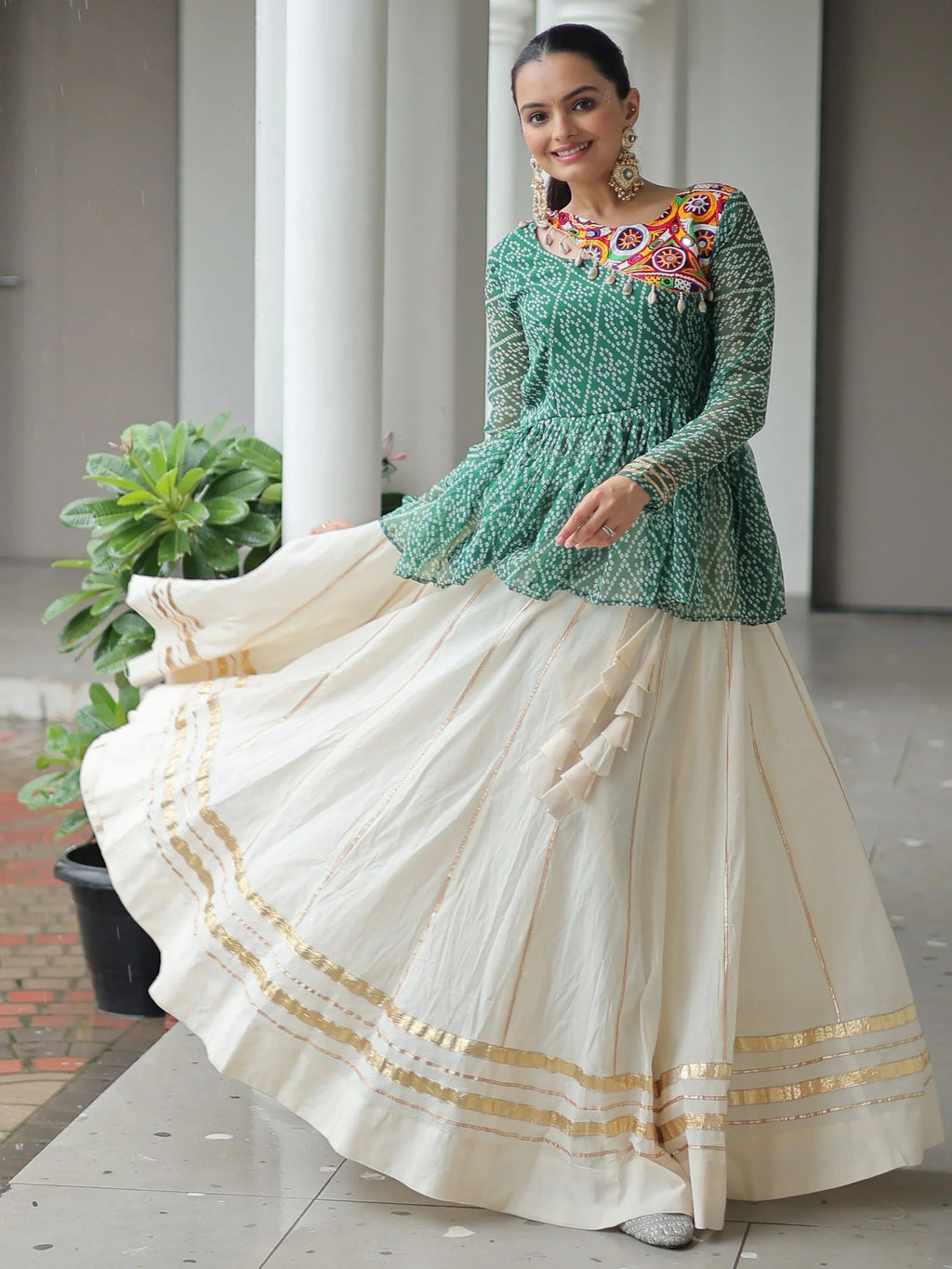 Green Kora Cotton Bandhani Print Top with Gota Patti Lehenga for Navratri