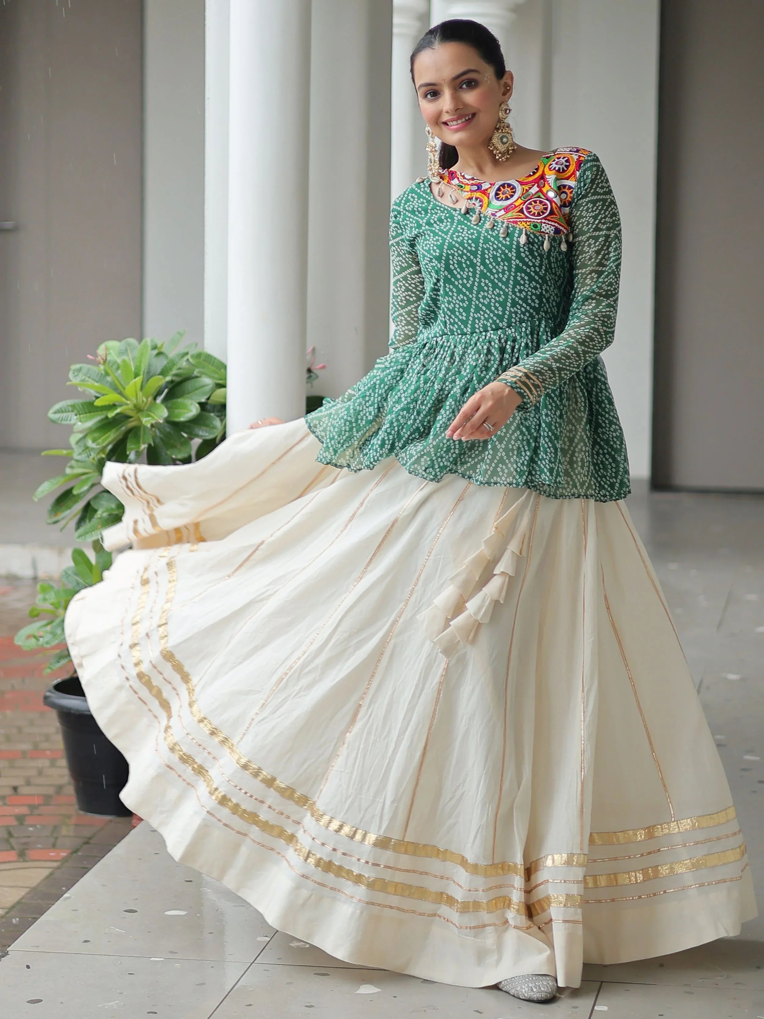 Green Kora Cotton Bandhani Print Top with Gota Patti Lehenga for Navratri