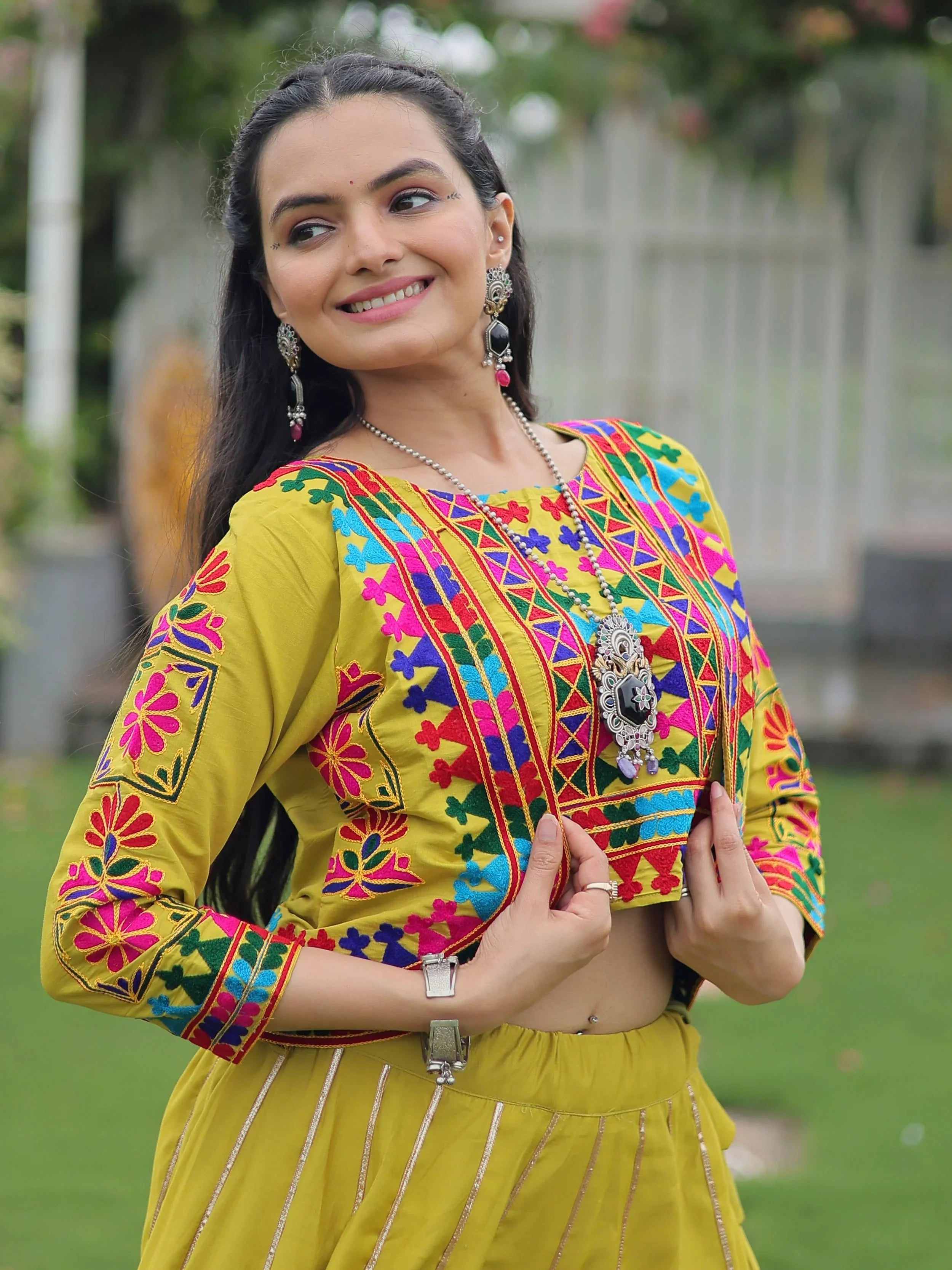 Green Kutchi Gamthi Embroidered Gota Patti Lace Lehenga Choli With Koti