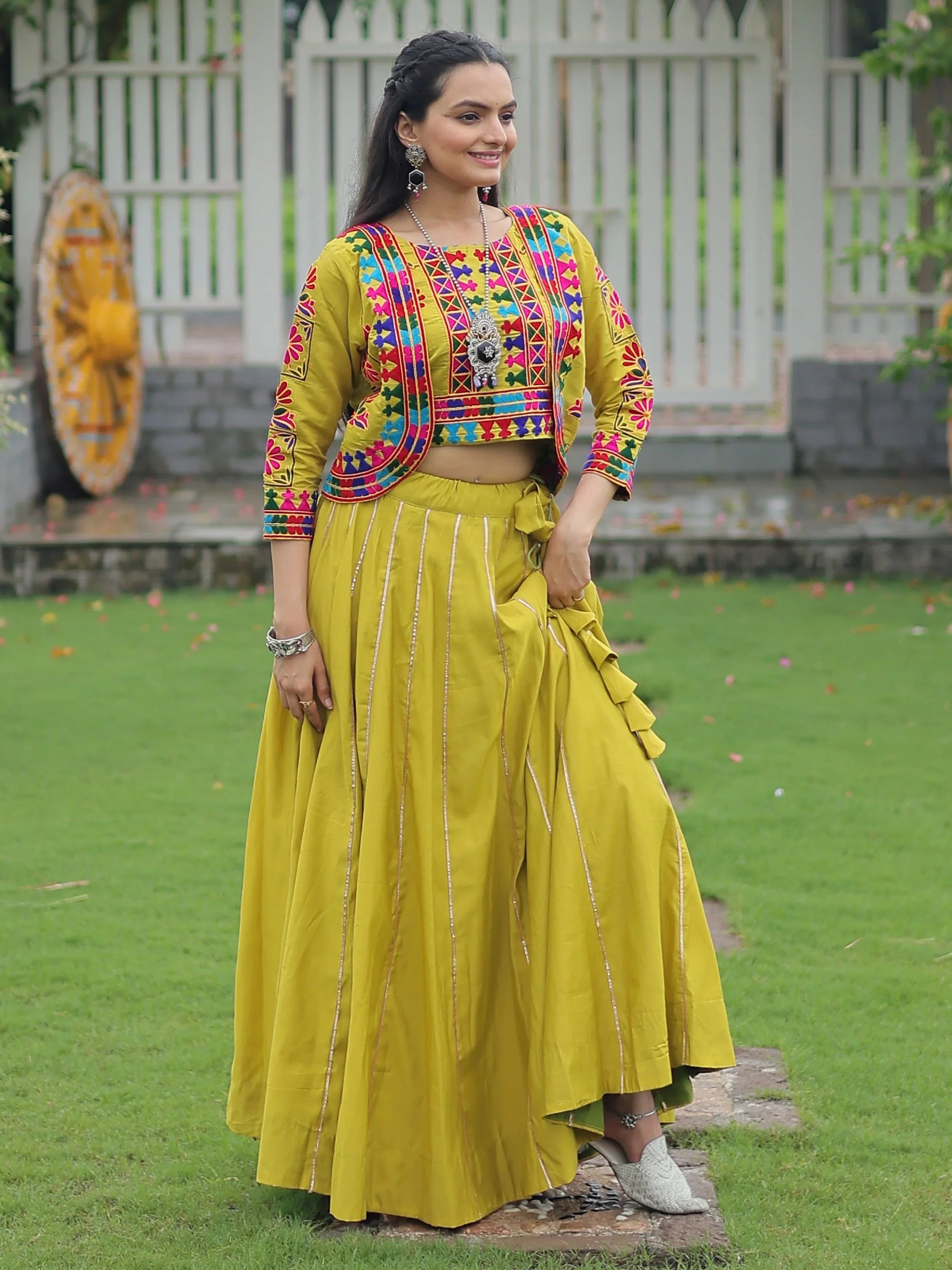 Green Kutchi Gamthi Embroidered Gota Patti Lace Lehenga Choli With Koti