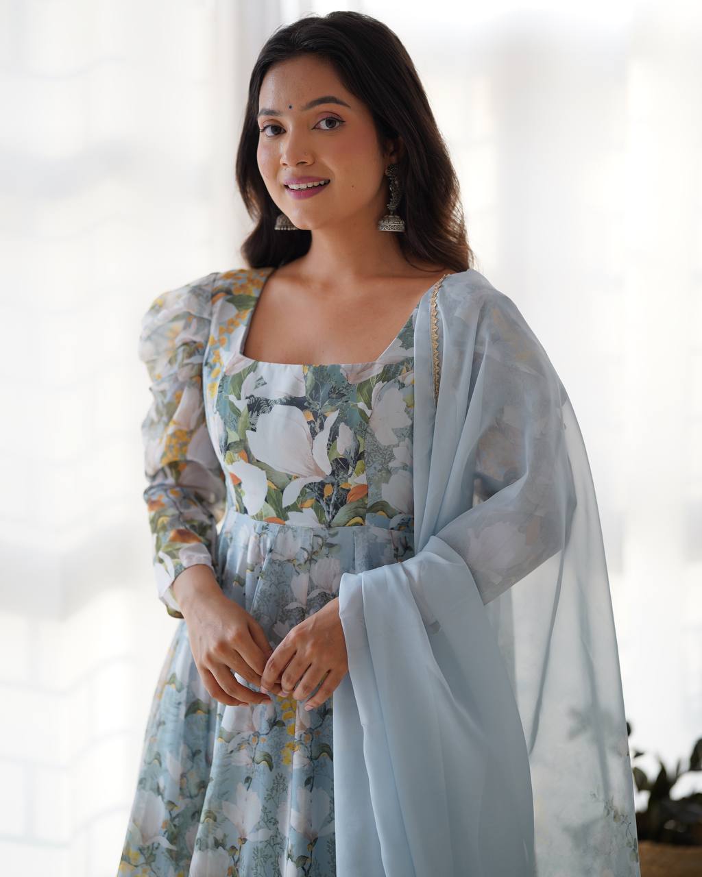 Green Organza Silk Floral Print Anarkali Set with Dupatta and Pant