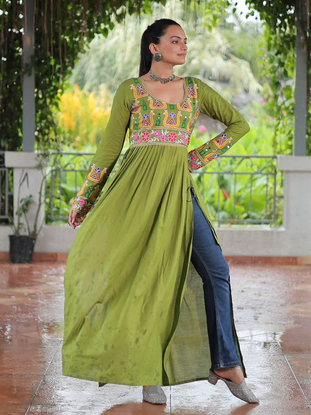 Green Pure Rayon Kutchi Gamthi Work Nayra Cut Kurti