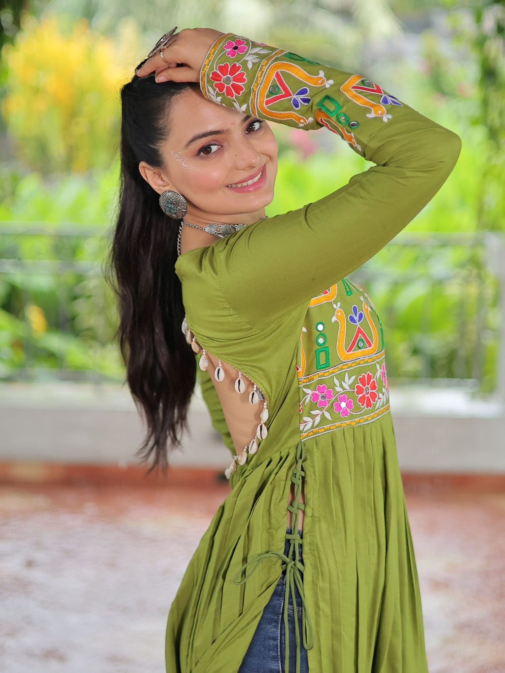 Green Pure Rayon Kutchi Gamthi Work Nayra Cut Kurti