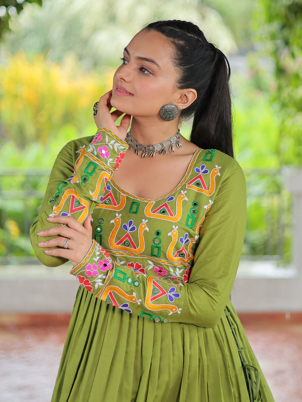Green Pure Rayon Kutchi Gamthi Work Nayra Cut Kurti