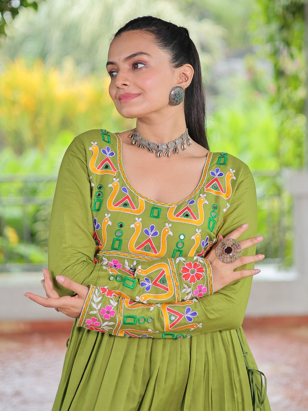Green Pure Rayon Kutchi Gamthi Work Nayra Cut Kurti