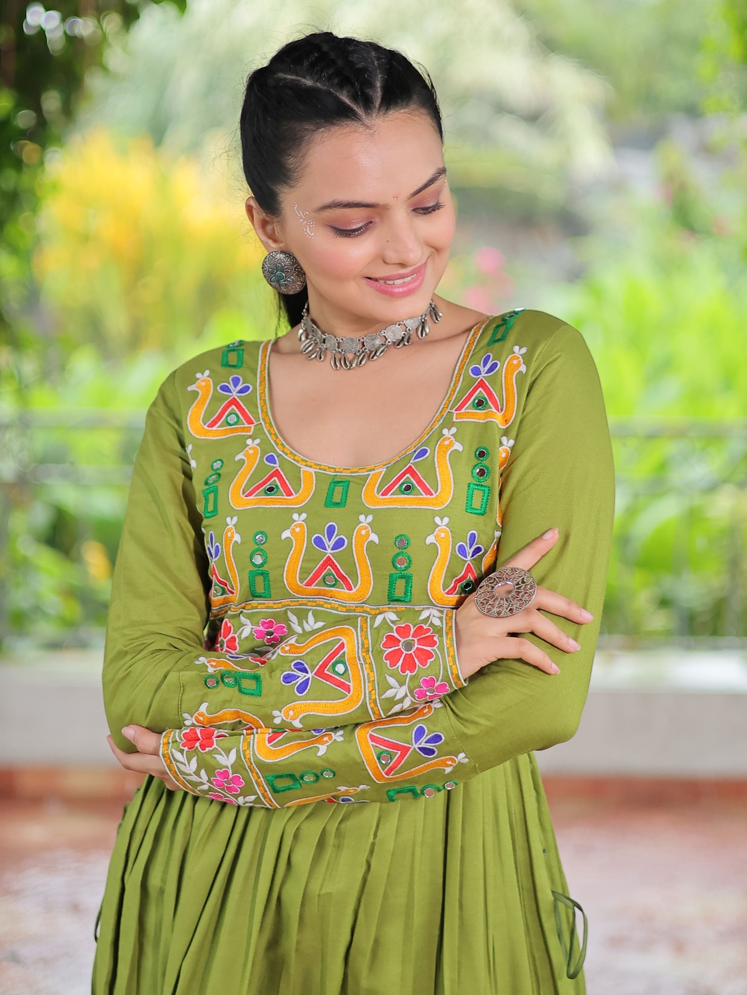 Green Pure Rayon Kutchi Gamthi Work Nayra Cut Kurti