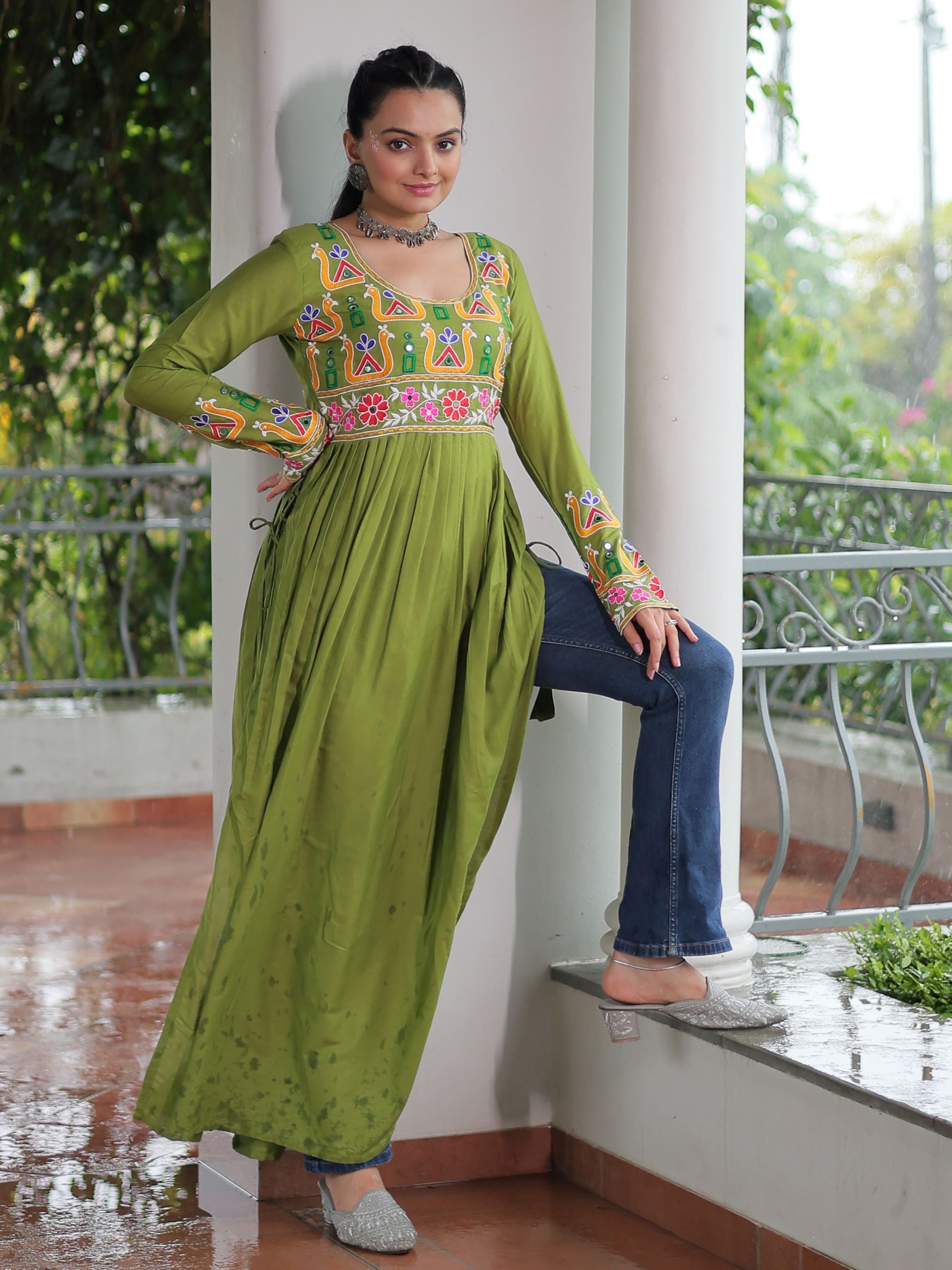 Green Pure Rayon Kutchi Gamthi Work Nayra Cut Kurti