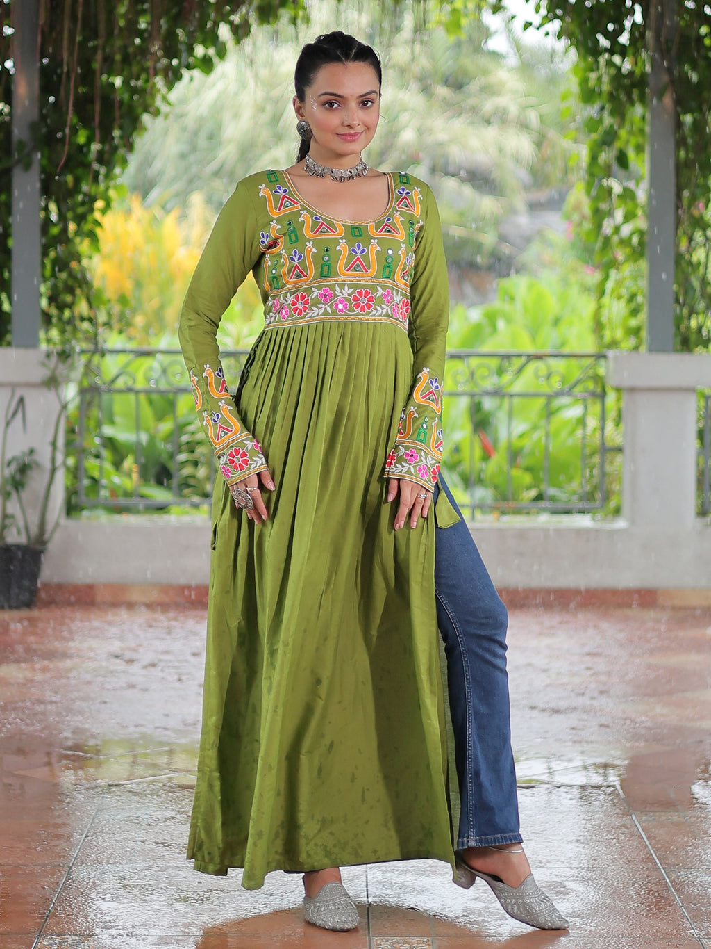 Green Pure Rayon Kutchi Gamthi Work Nayra Cut Kurti