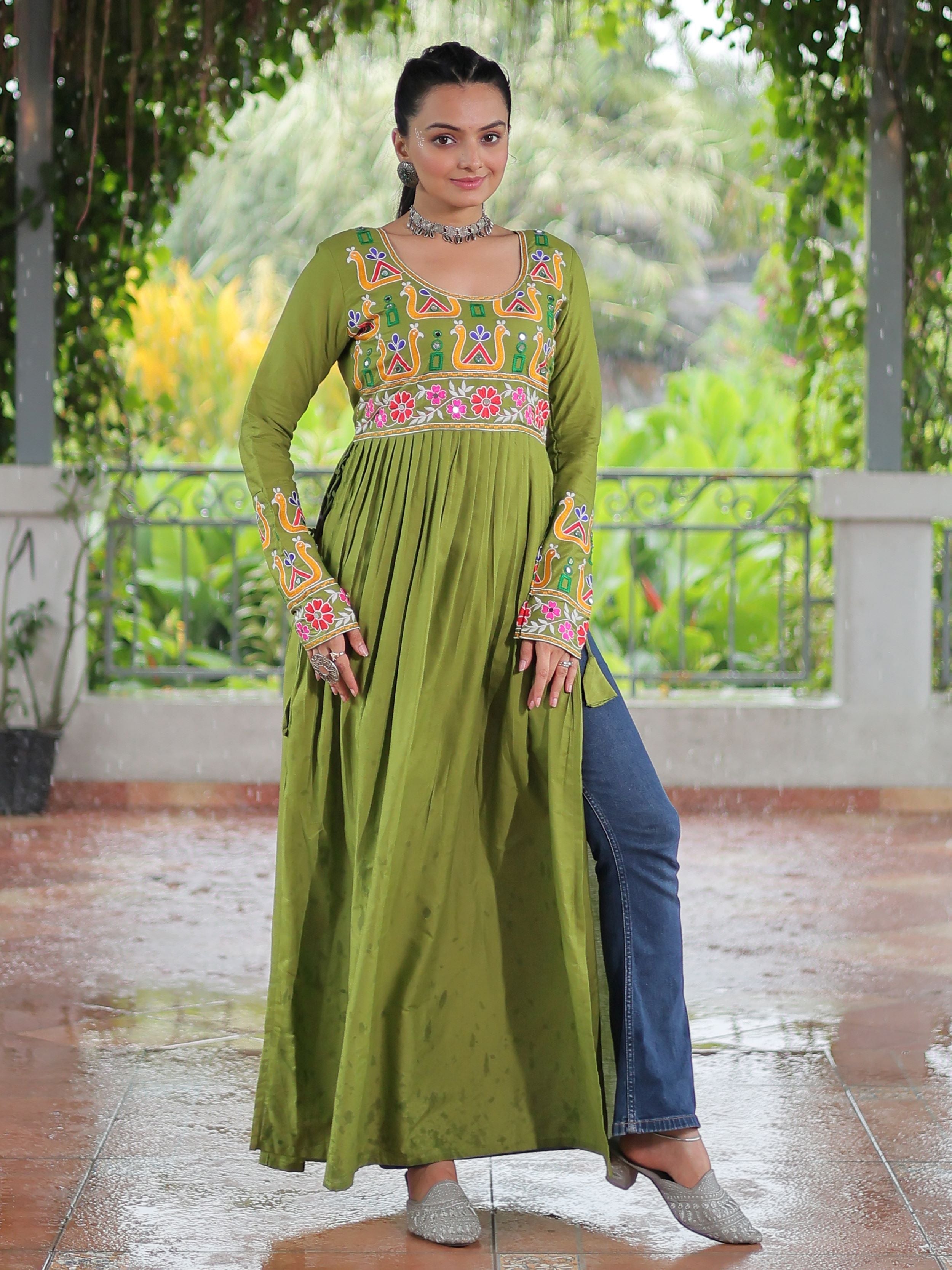 Green Pure Rayon Kutchi Gamthi Work Nayra Cut Kurti