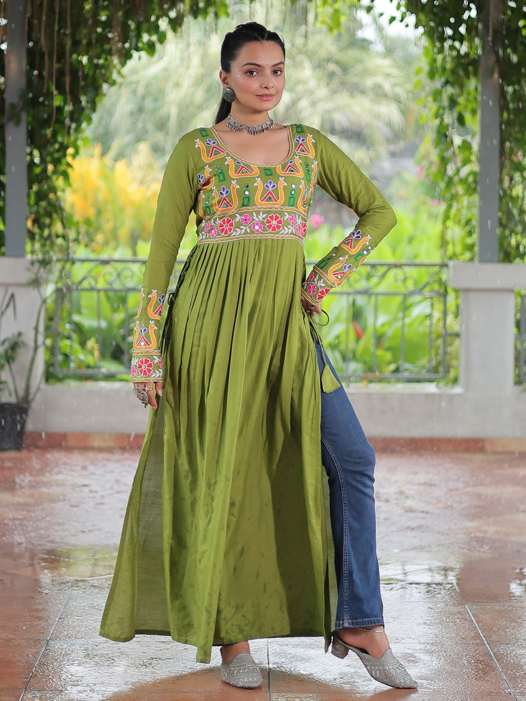 Green Pure Rayon Kutchi Gamthi Work Nayra Cut Kurti