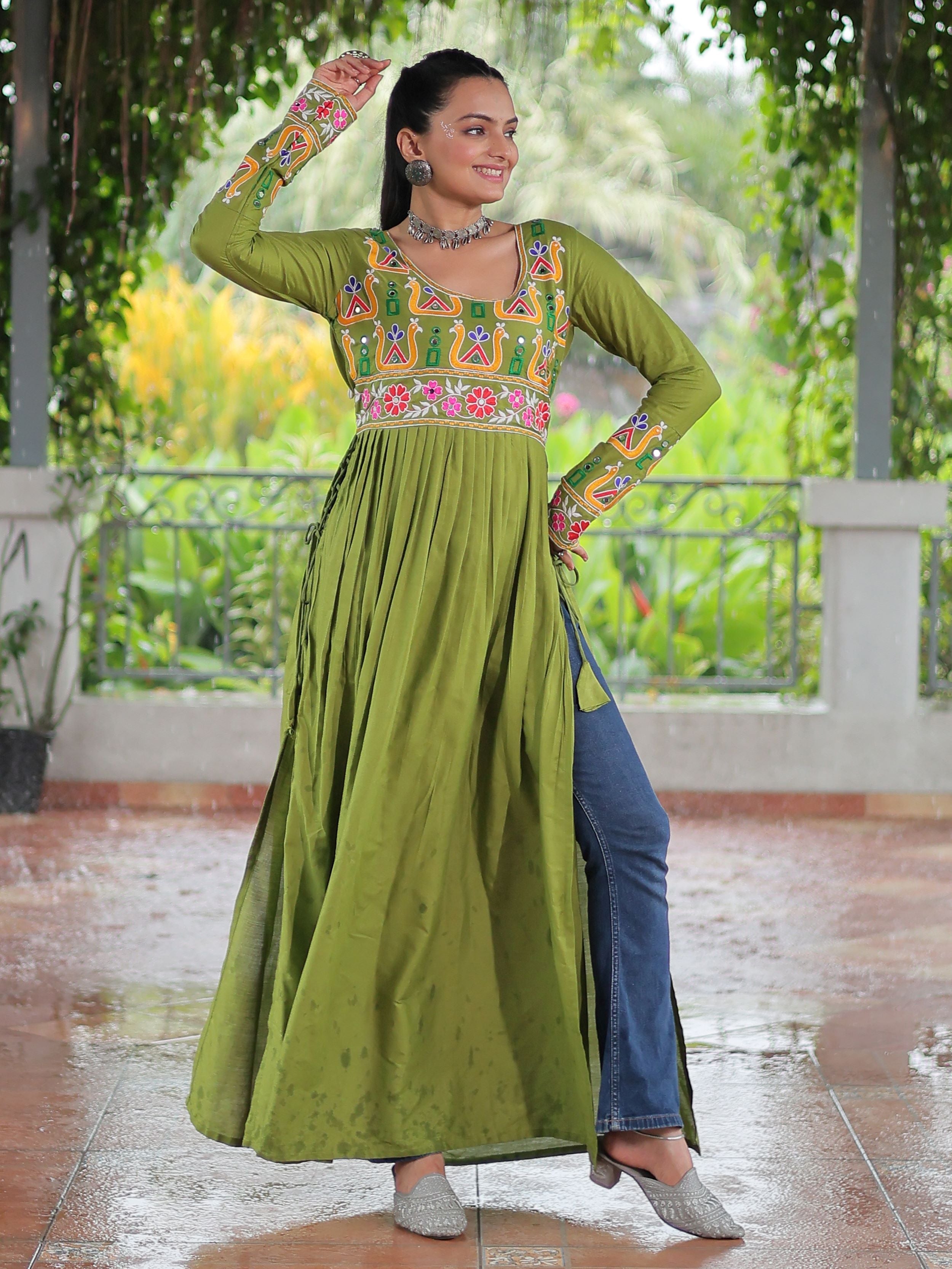 Green Pure Rayon Kutchi Gamthi Work Nayra Cut Kurti