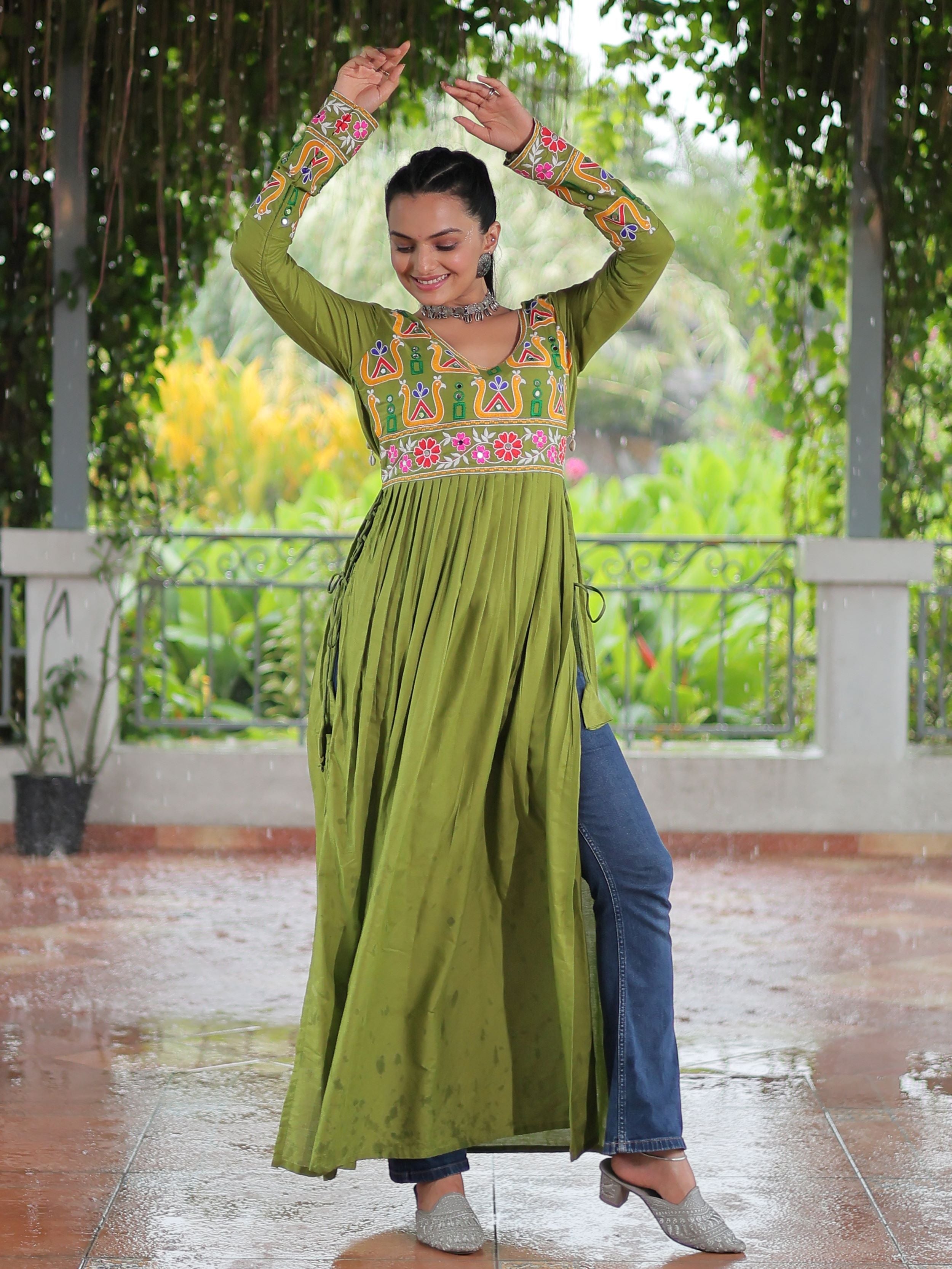 Green Pure Rayon Kutchi Gamthi Work Nayra Cut Kurti