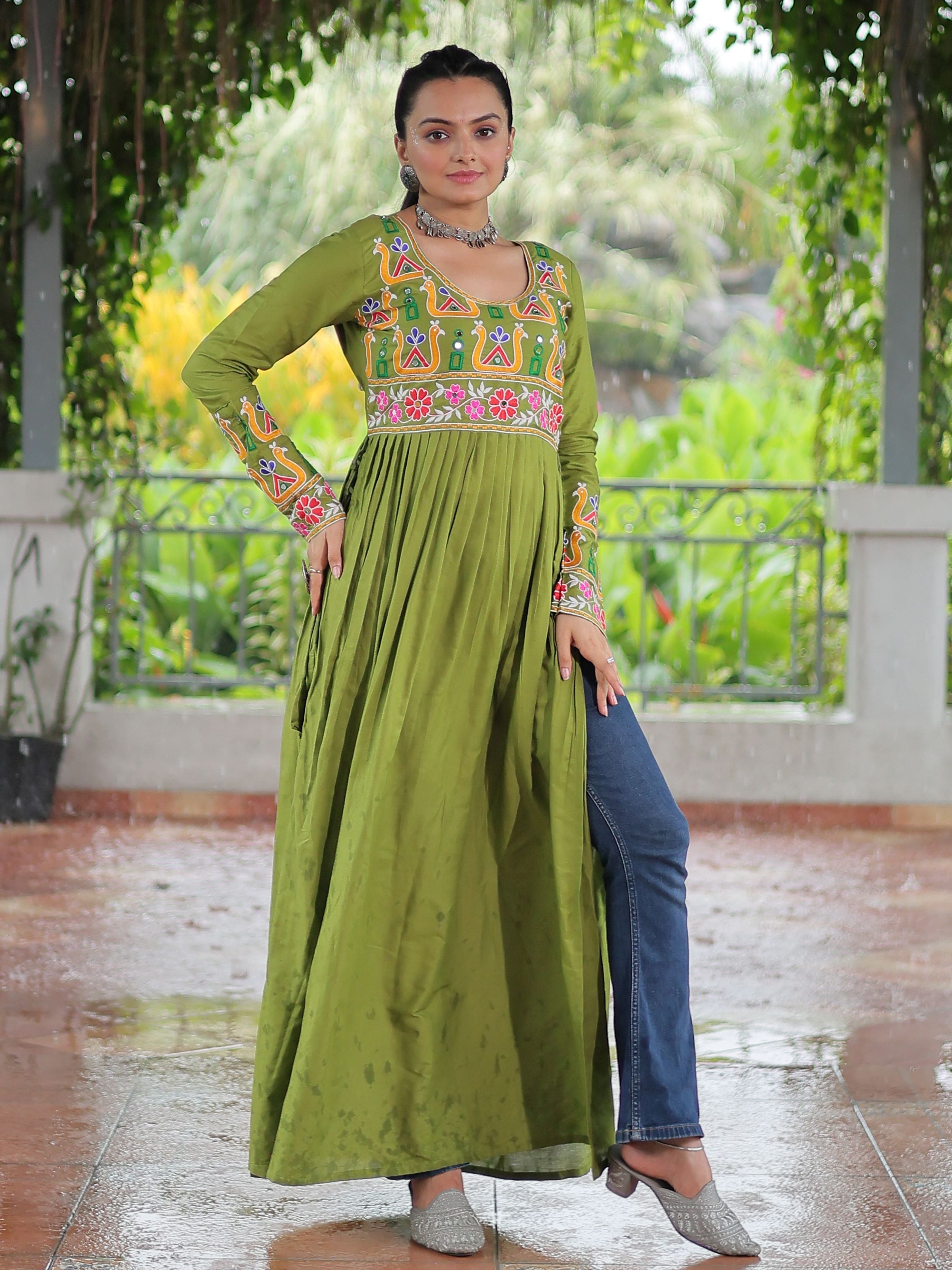 Green Pure Rayon Kutchi Gamthi Work Nayra Cut Kurti
