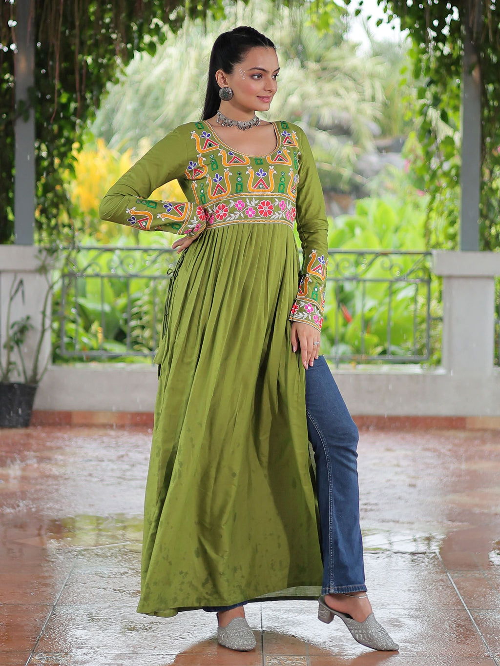 Green Pure Rayon Kutchi Gamthi Work Nayra Cut Kurti