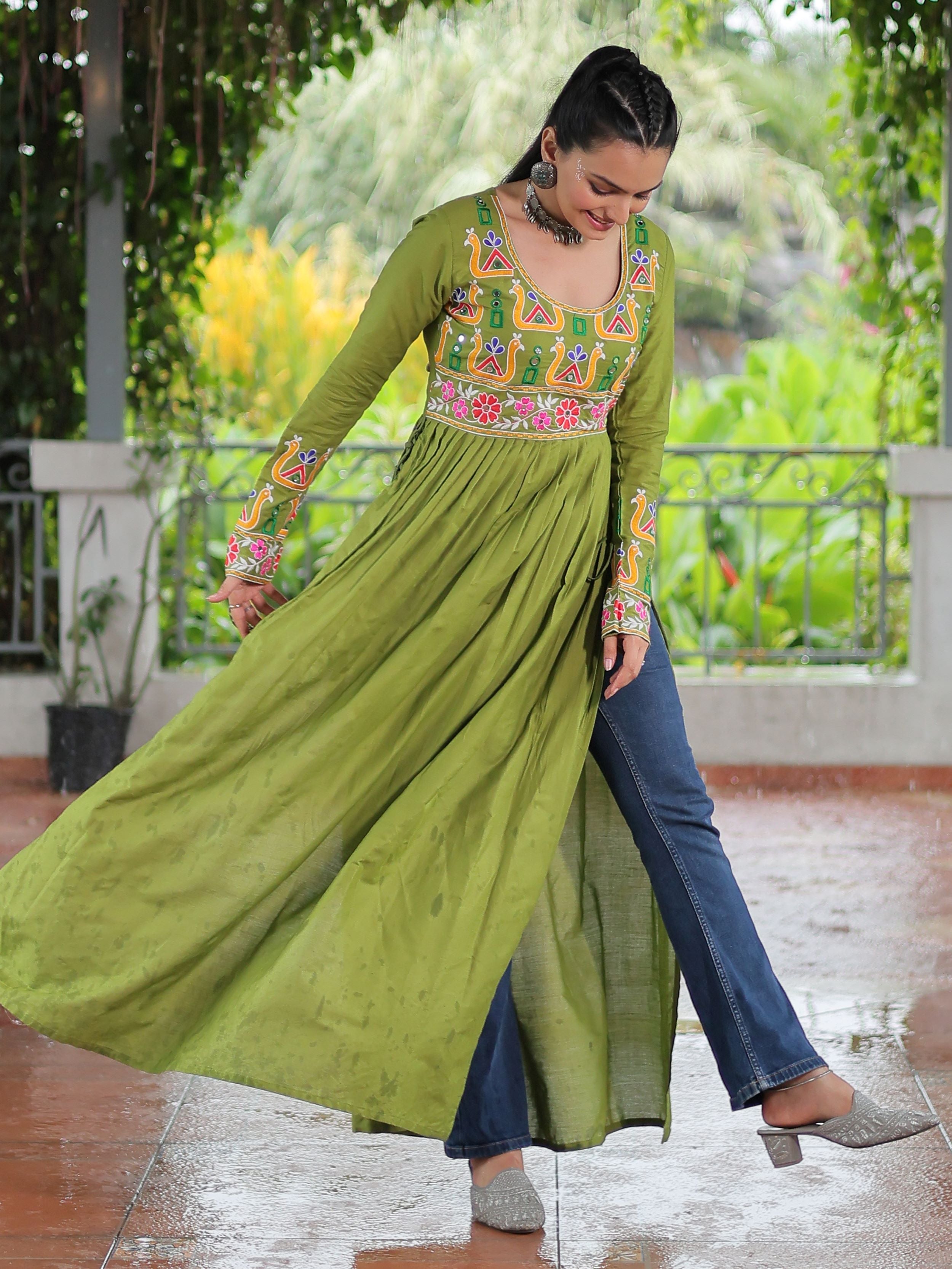 Green Pure Rayon Kutchi Gamthi Work Nayra Cut Kurti
