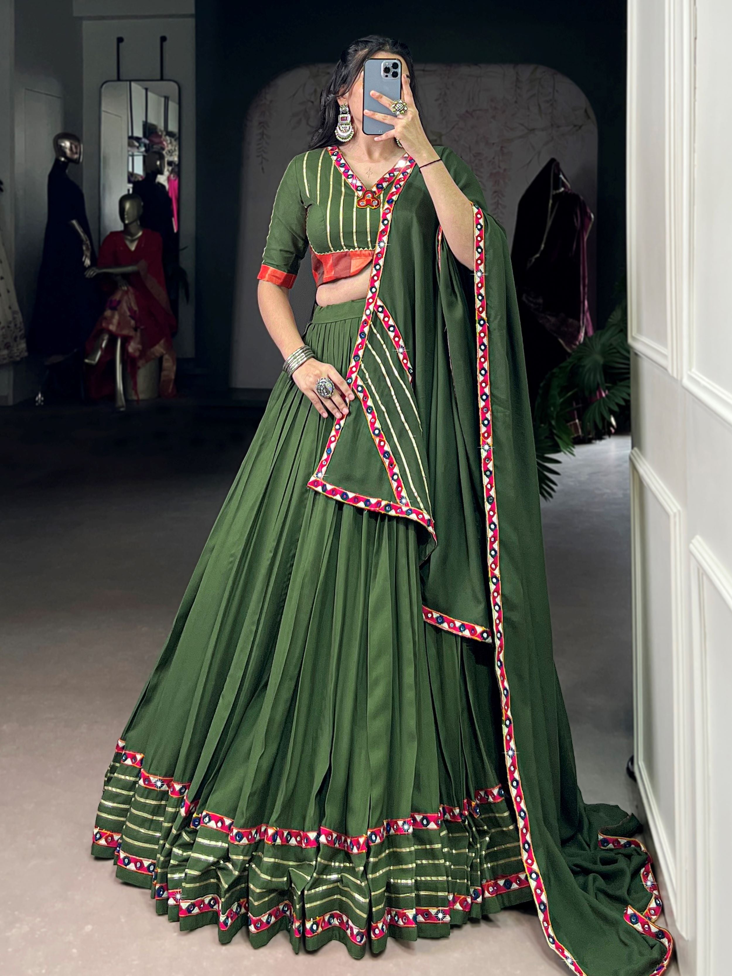 Green Pure Rayon Mirror Gamthi and Gotta Patti Work Lehenga Choli