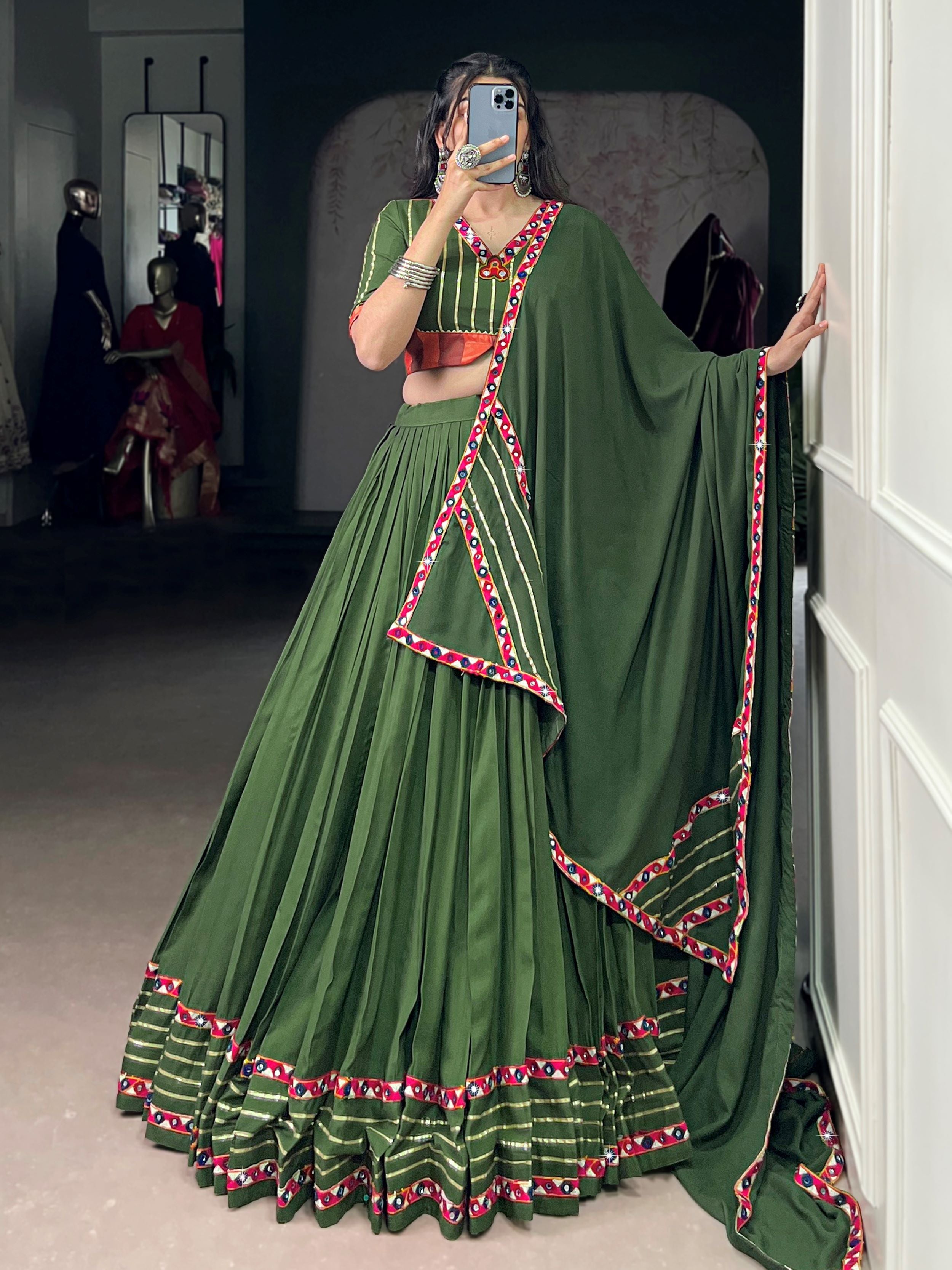 Green Pure Rayon Mirror Gamthi and Gotta Patti Work Lehenga Choli