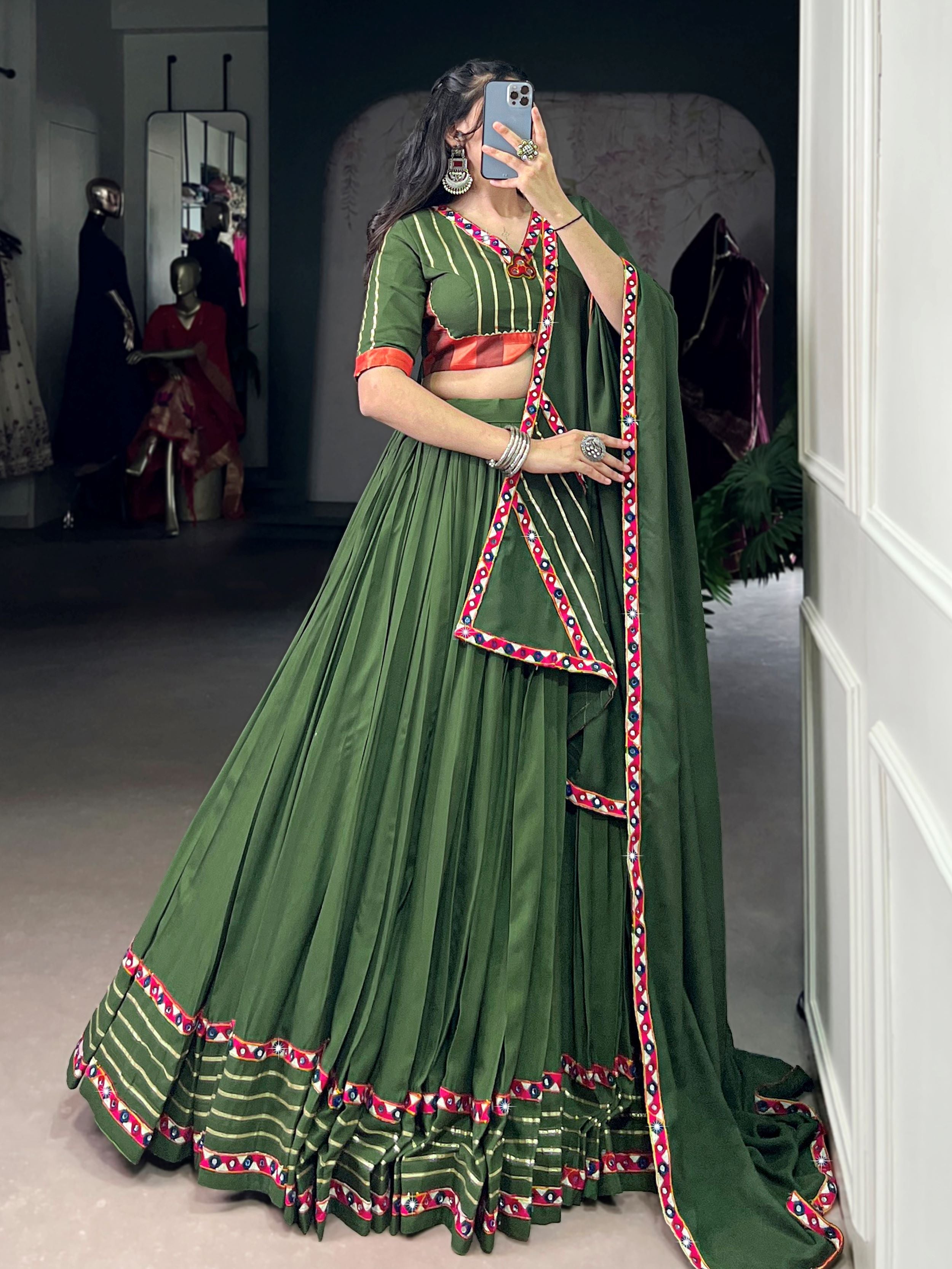 Green Pure Rayon Mirror Gamthi and Gotta Patti Work Lehenga Choli