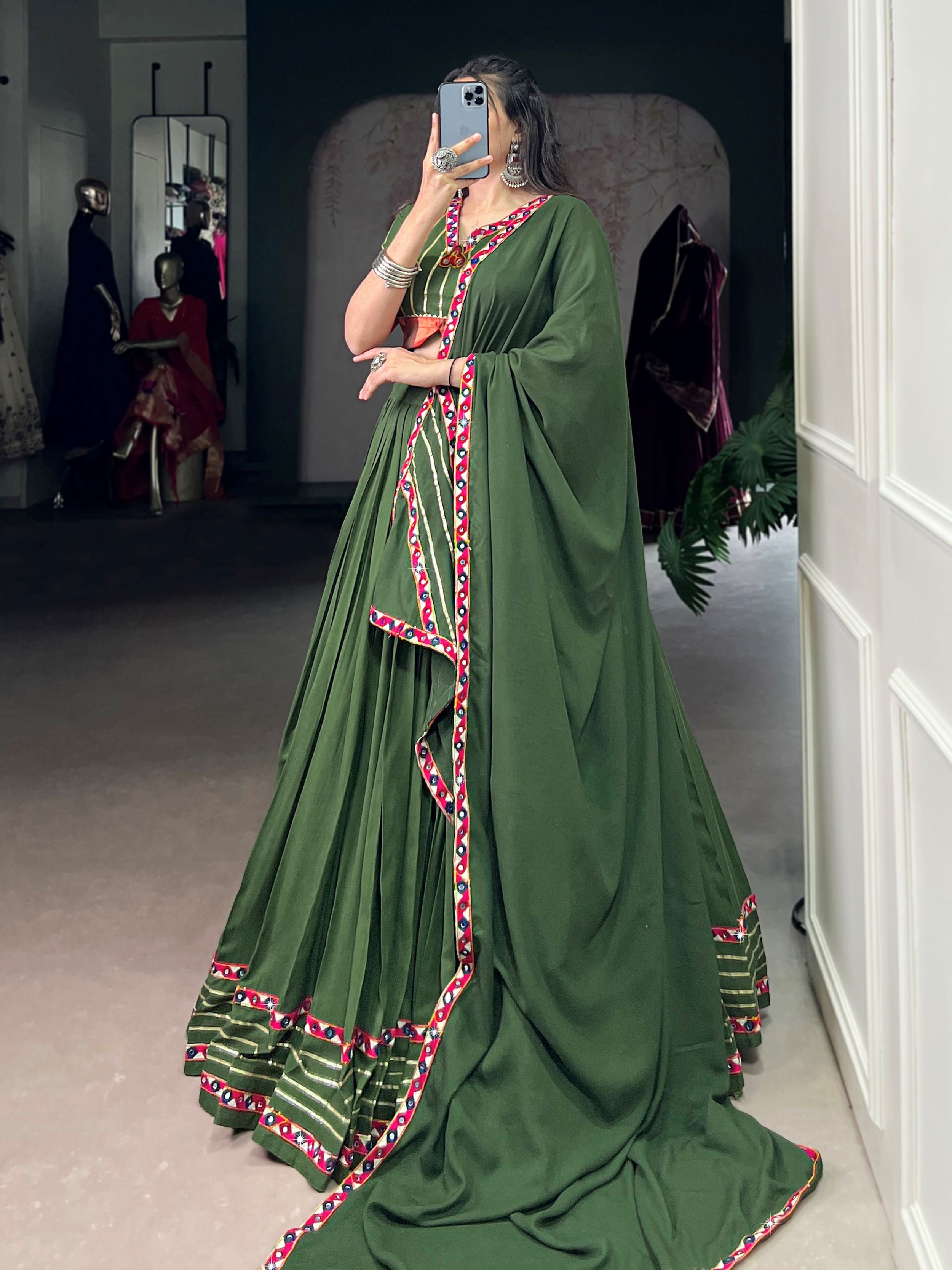 Green Pure Rayon Mirror Gamthi and Gotta Patti Work Lehenga Choli