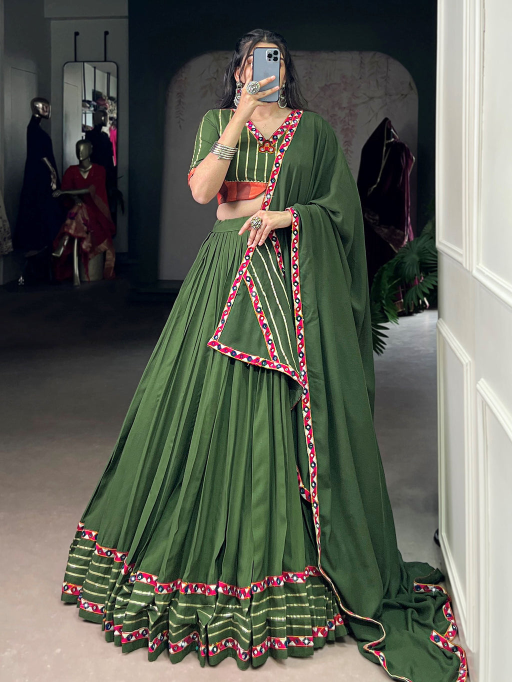 Green Pure Rayon Mirror Gamthi and Gotta Patti Work Lehenga Choli