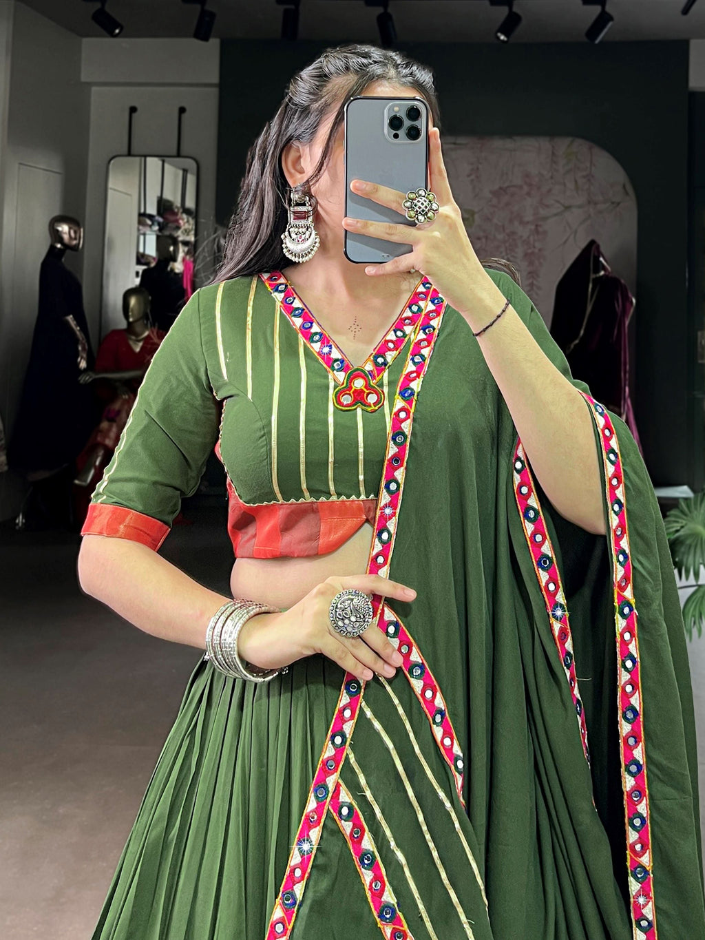 Green Pure Rayon Mirror Gamthi and Gotta Patti Work Lehenga Choli