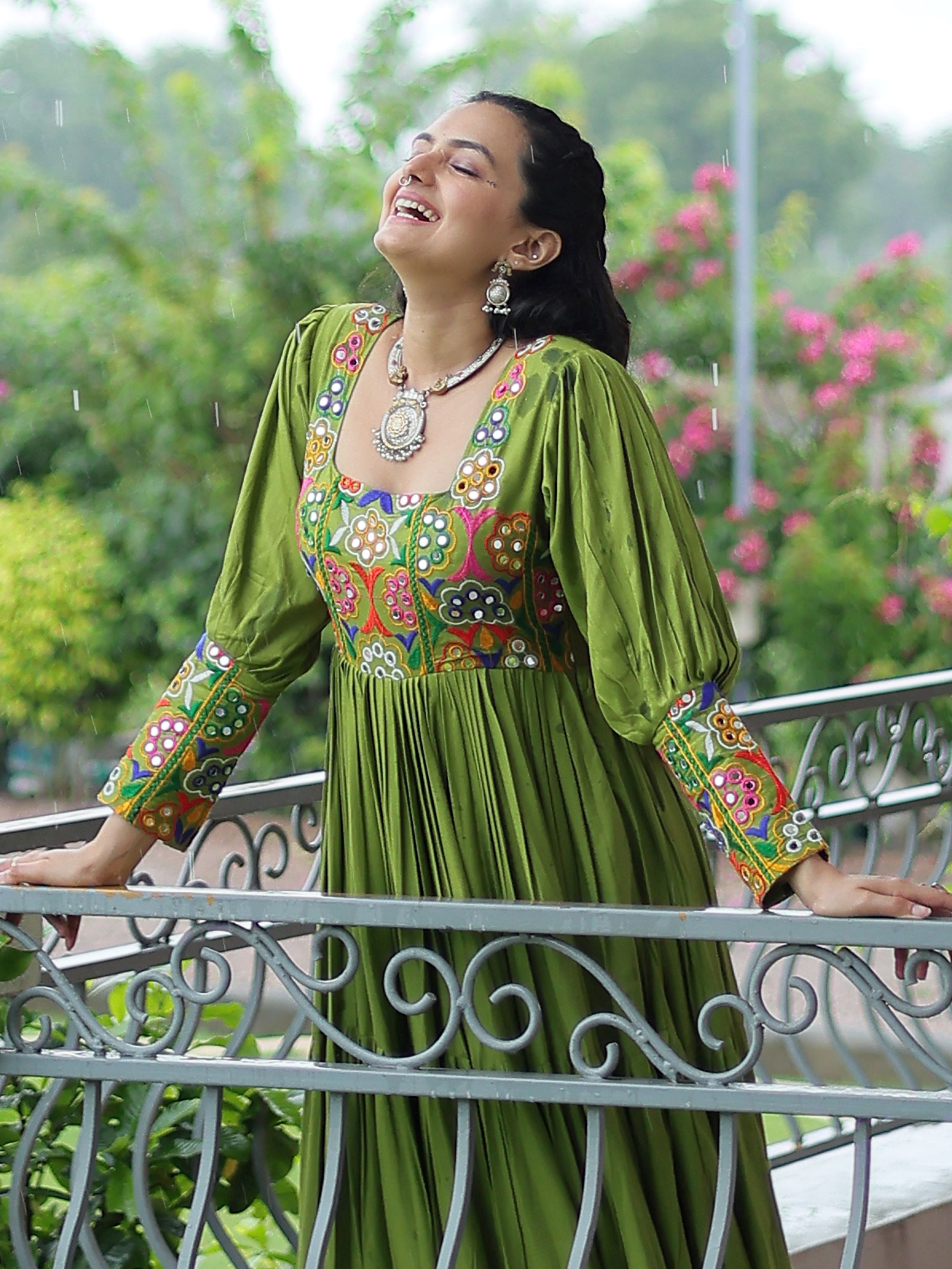 Green Rayon Kutchi Gamthi Work Flair Navratri Wear Gown