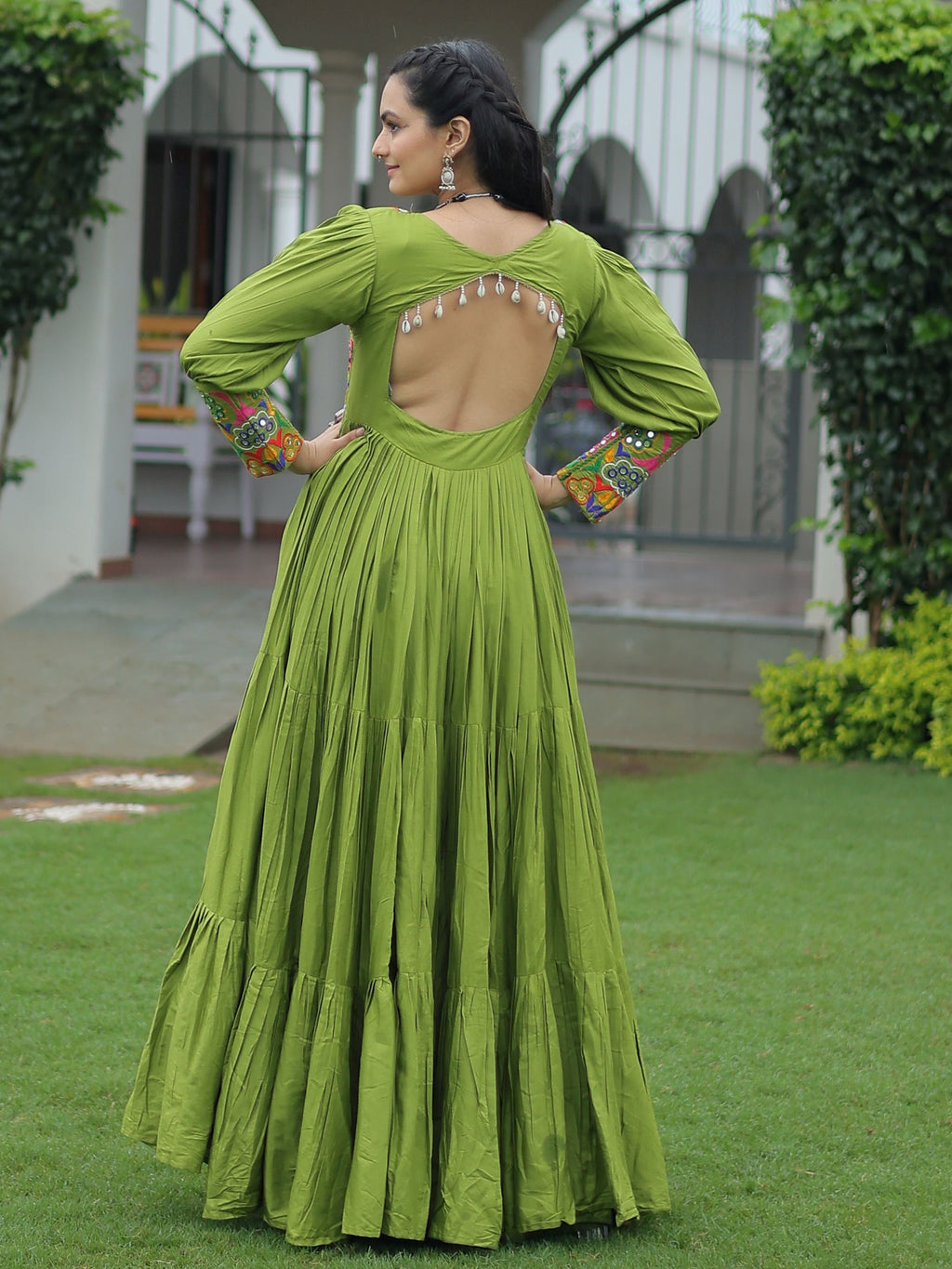 Green Rayon Kutchi Gamthi Work Flair Navratri Wear Gown