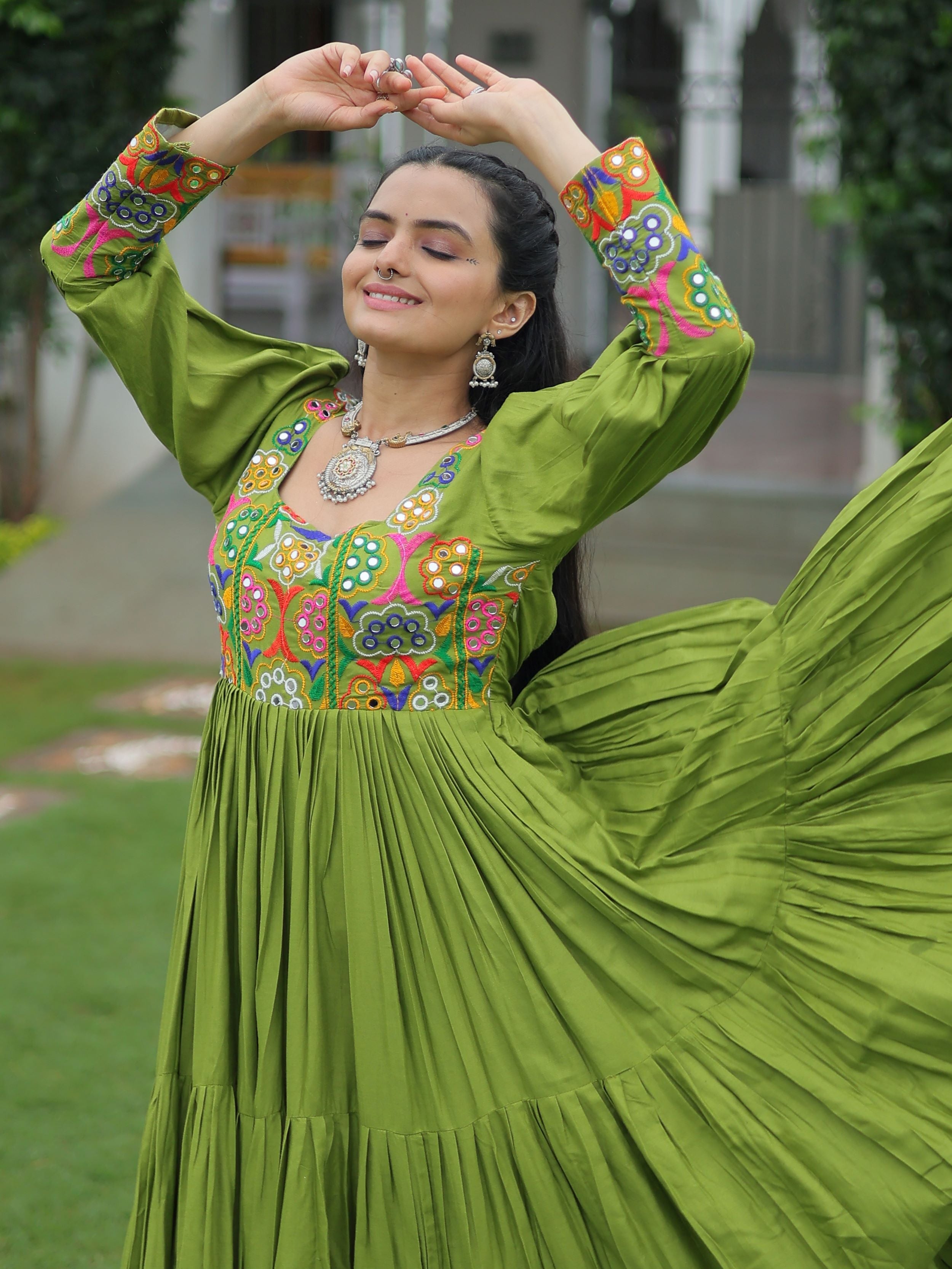 Green Rayon Kutchi Gamthi Work Flair Navratri Wear Gown