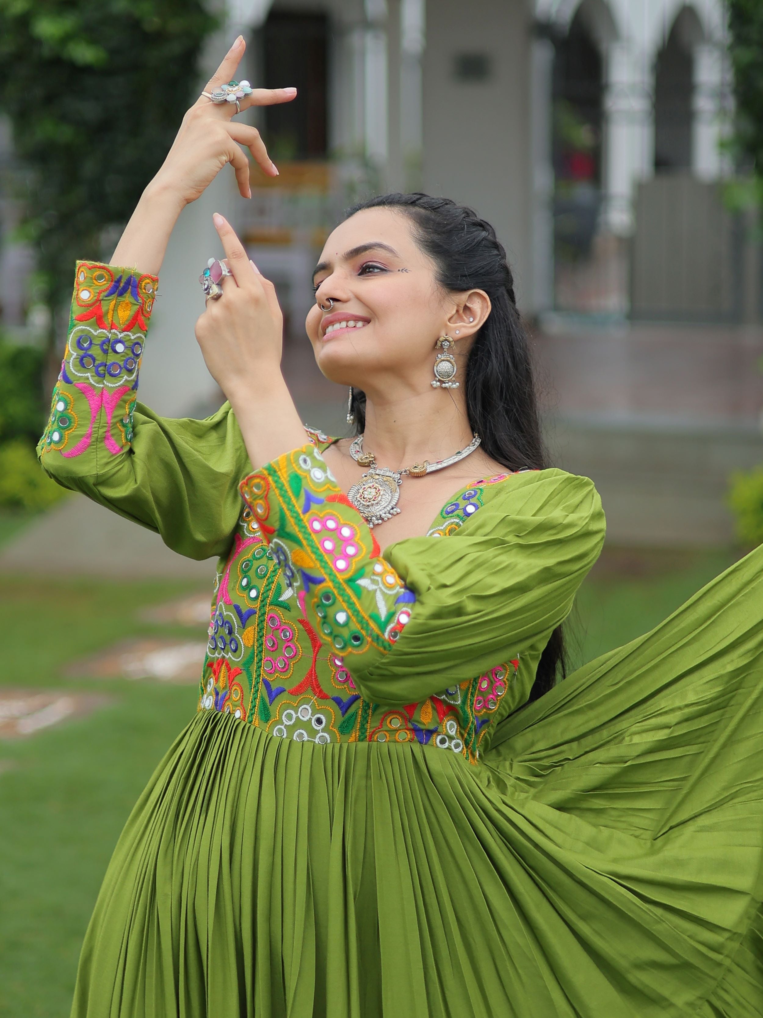 Green Rayon Kutchi Gamthi Work Flair Navratri Wear Gown