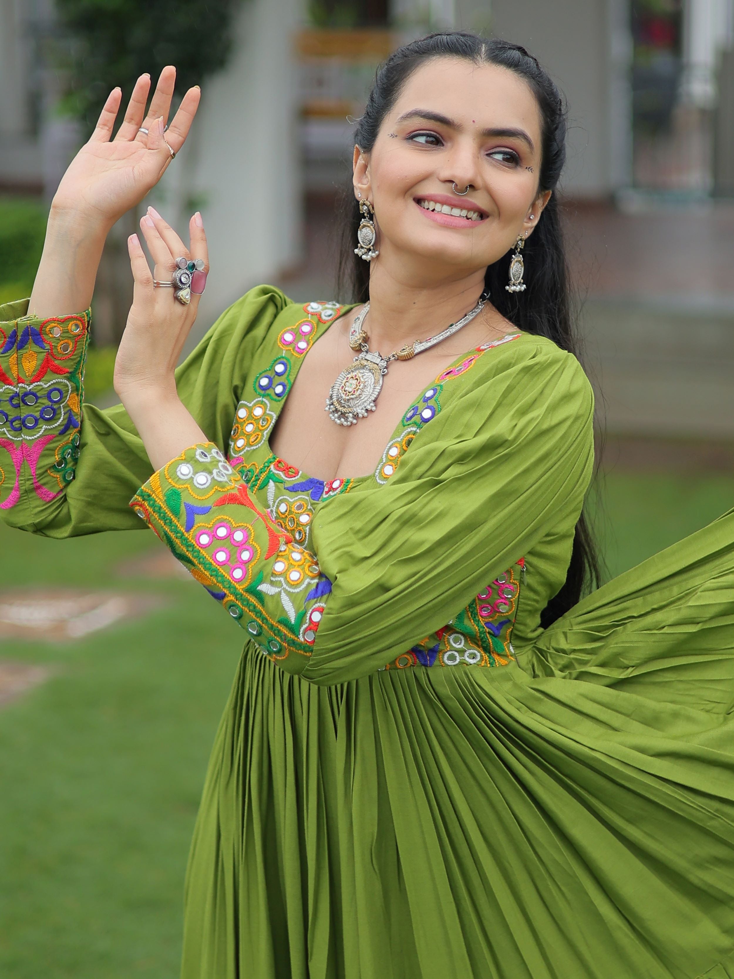 Green Rayon Kutchi Gamthi Work Flair Navratri Wear Gown