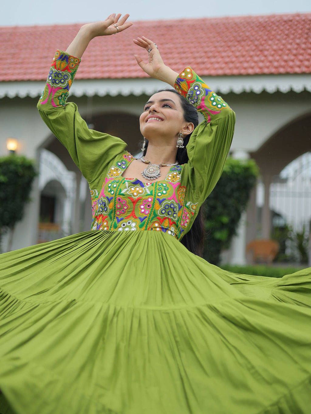 Green Rayon Kutchi Gamthi Work Flair Navratri Wear Gown