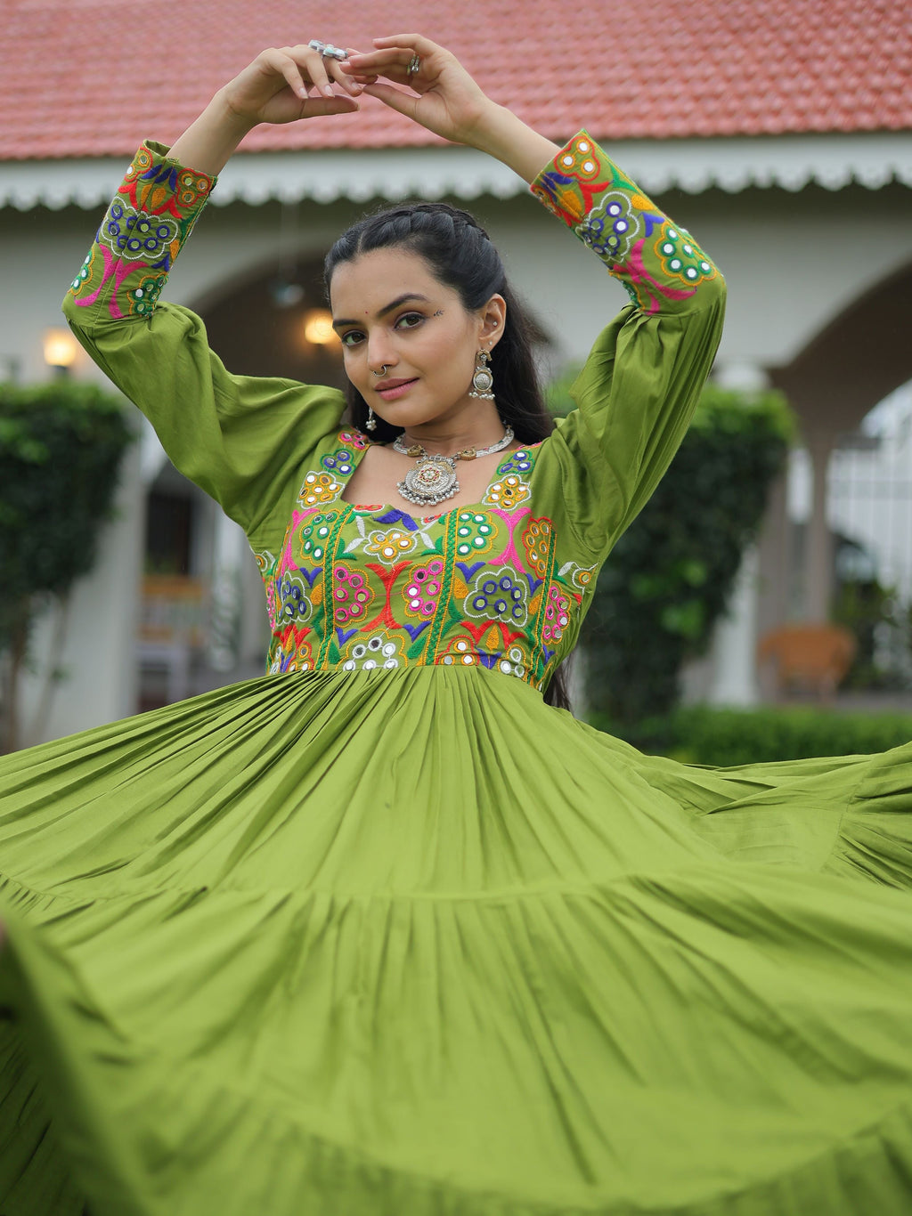 Green Rayon Kutchi Gamthi Work Flair Navratri Wear Gown