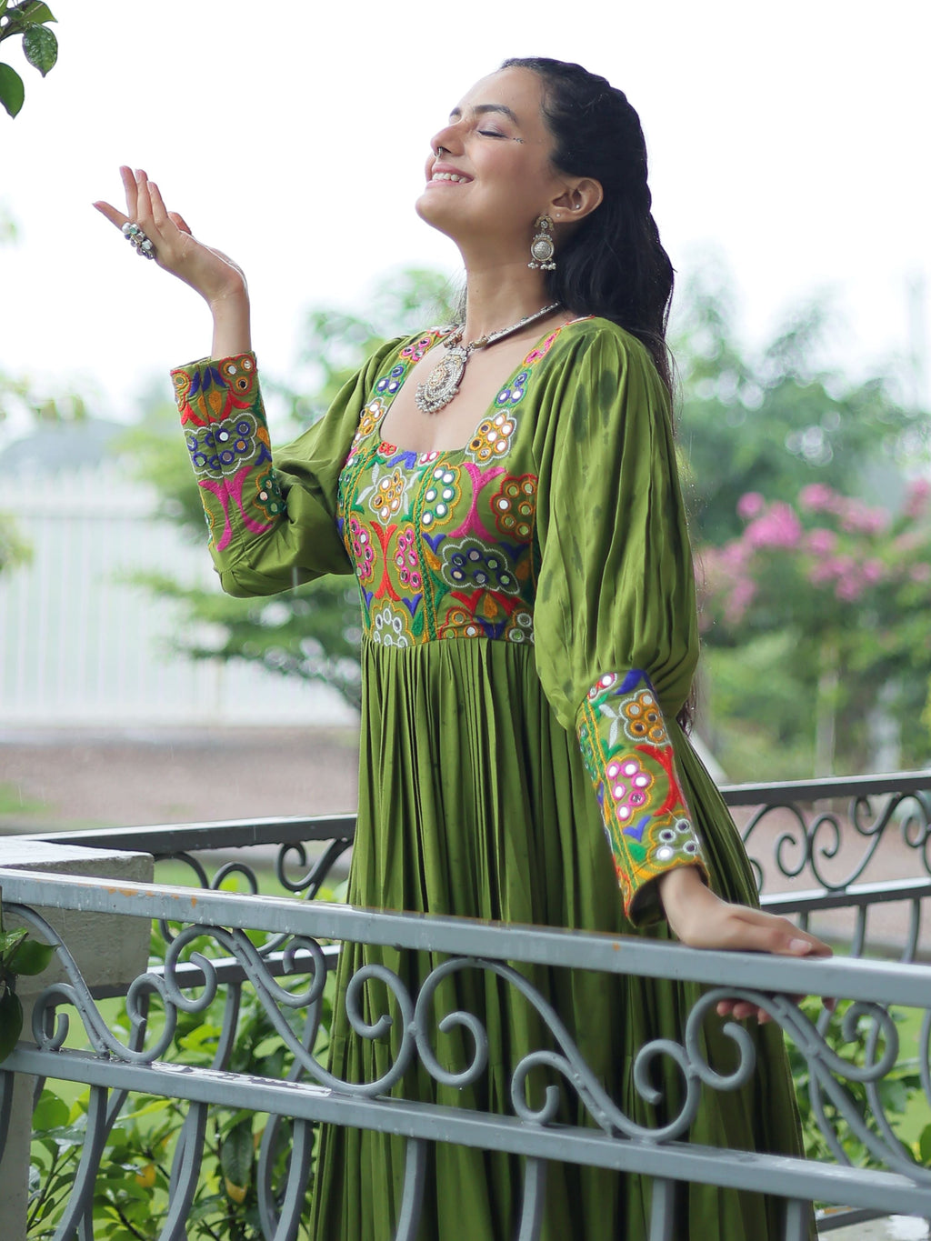 Green Rayon Kutchi Gamthi Work Flair Navratri Wear Gown