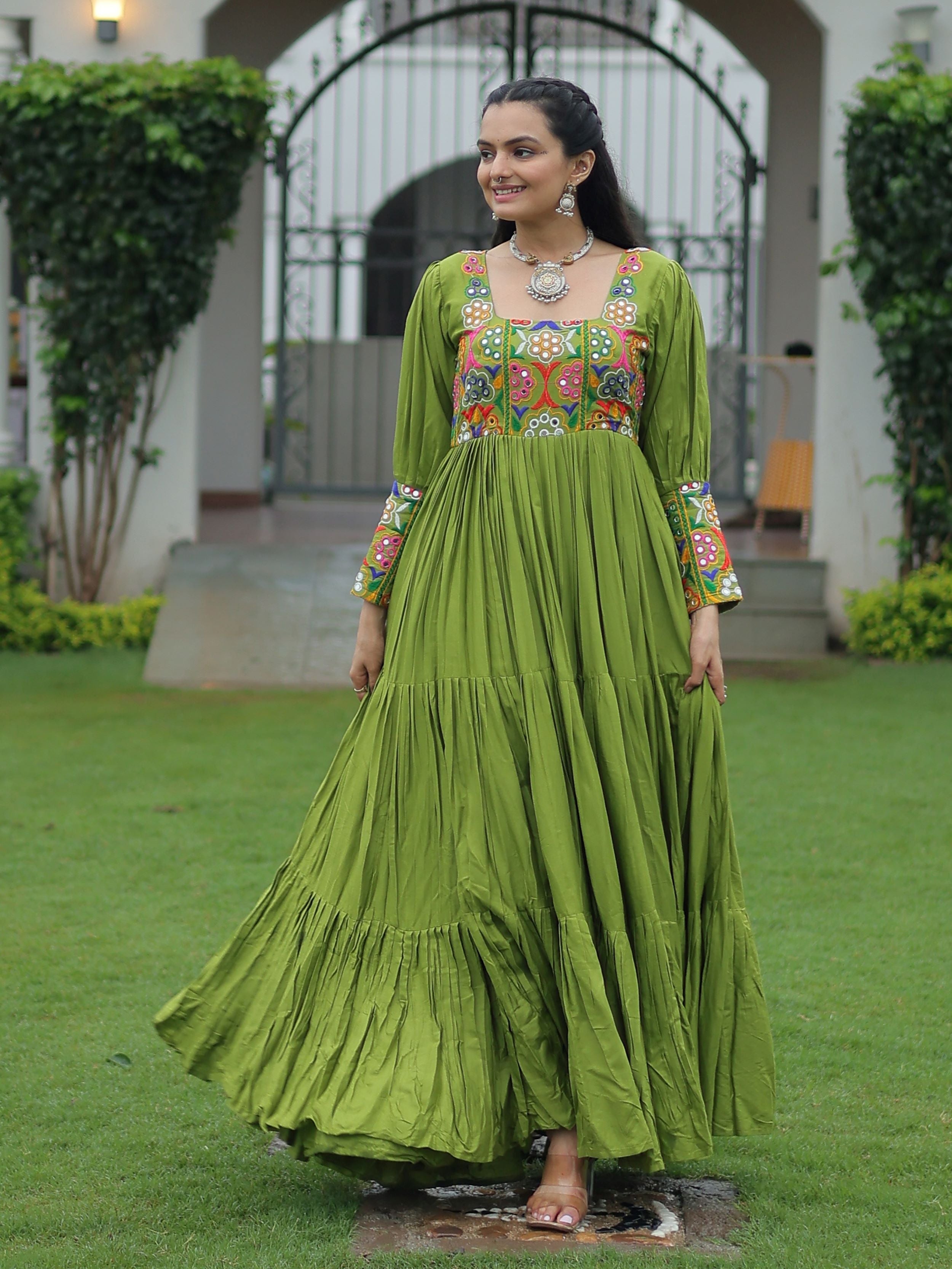 Green Rayon Kutchi Gamthi Work Flair Navratri Wear Gown
