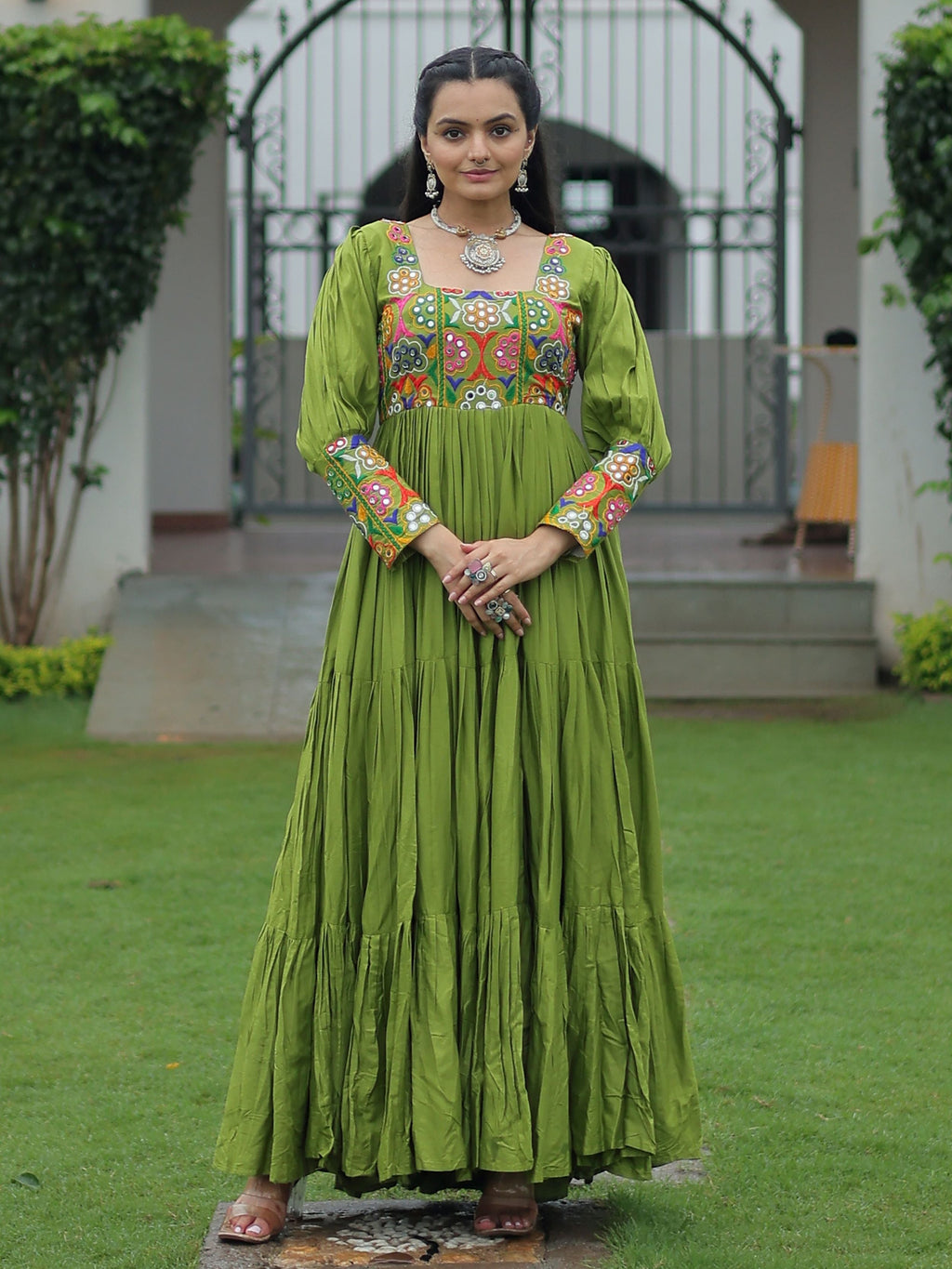 Green Rayon Kutchi Gamthi Work Flair Navratri Wear Gown