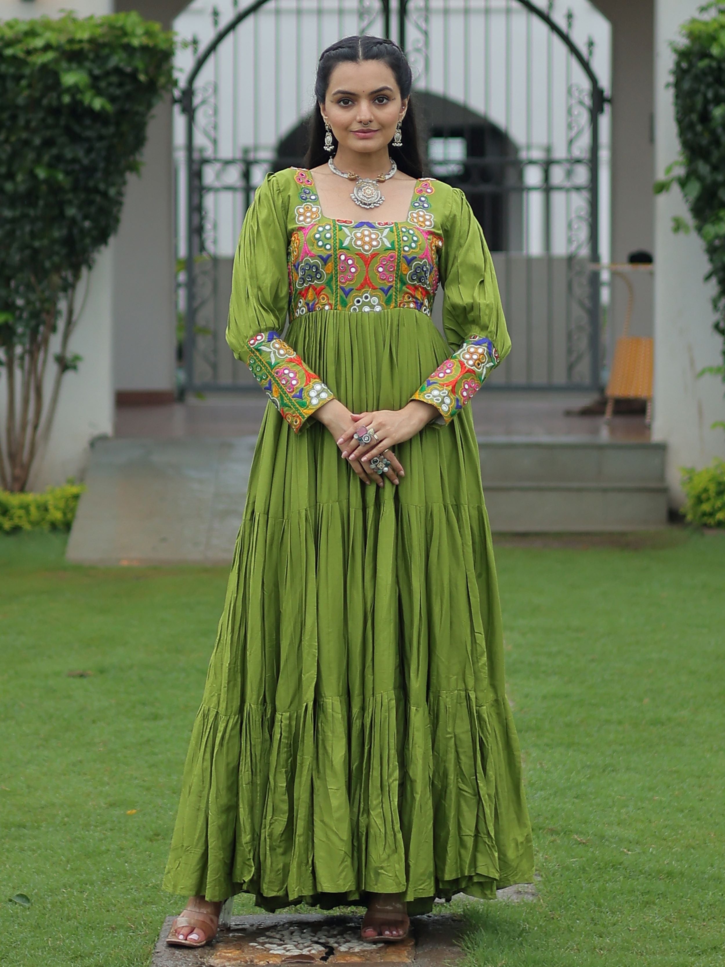 Green Rayon Kutchi Gamthi Work Flair Navratri Wear Gown